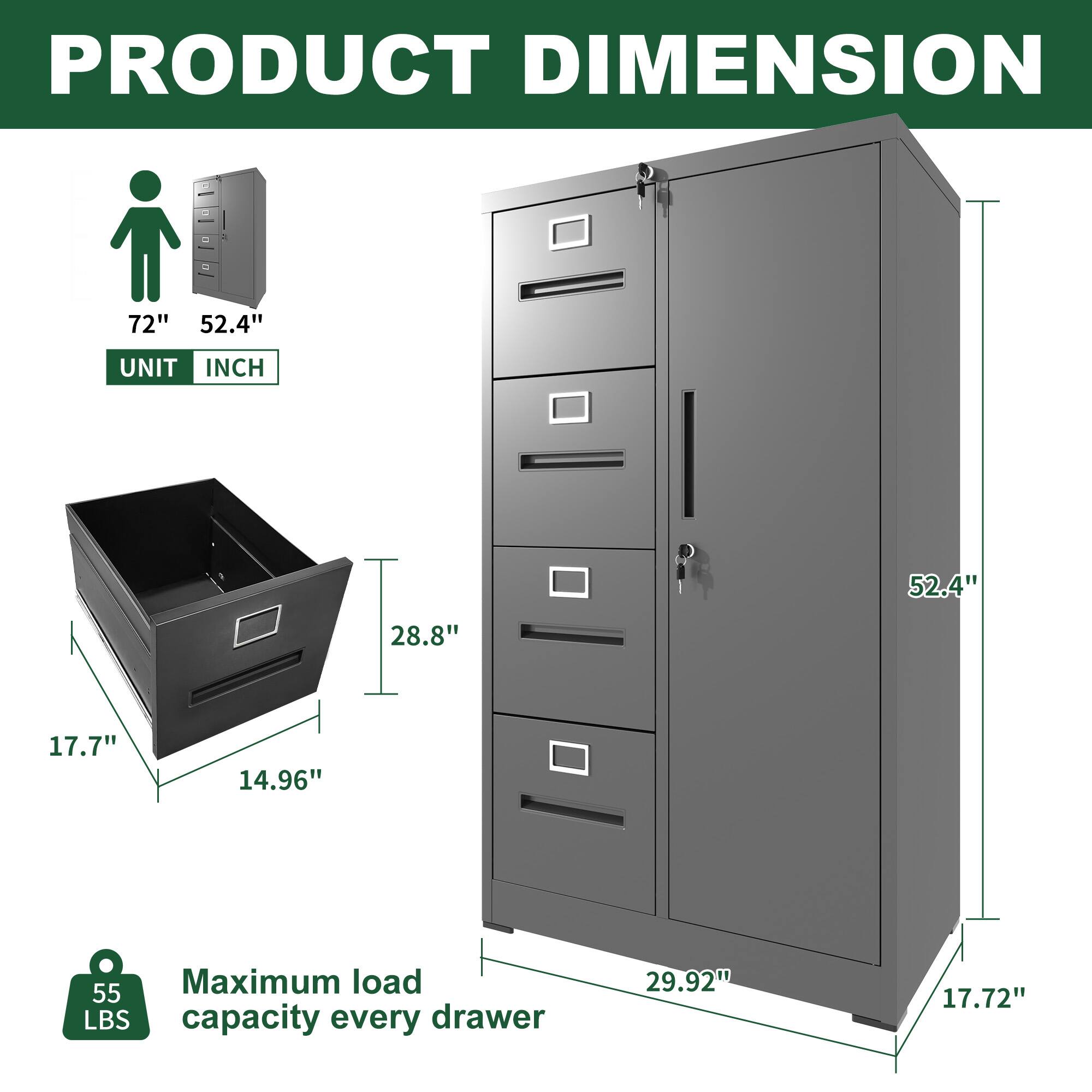 PRODUCT DIMENSION

UNIT INCH

72" 52.4"

17.7" 14.96" 28.8"

52.4" 29.92" 17.72"

Maximum load capacity every drawer 55 LBS