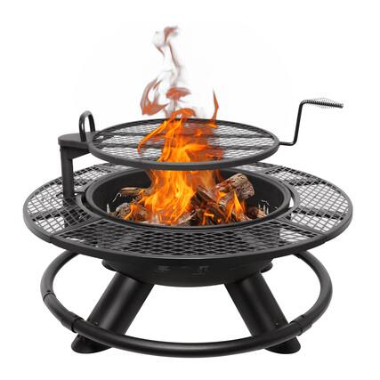 Front. Bestier - 47" Wood Burning Fire Pit Outdoor Backyard Patio Fire Pit with Cooking Grill Grate - Forest Style - Black.