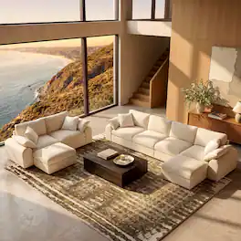 ModernMate - Chenille Cloud Modular Sectional, Down-Blend Cushions, Tool-Free Assembly, Machine-Washable Covers - Beige