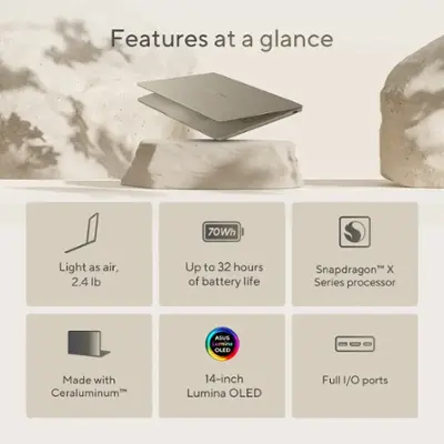 ASUS - Zenbook A14 14" FHD+ OLED Laptop - Copilot+ PC - Qualcomm Snapdragon X Plus - 16GB RAM - 512GB SSD - Zabriskie Beige