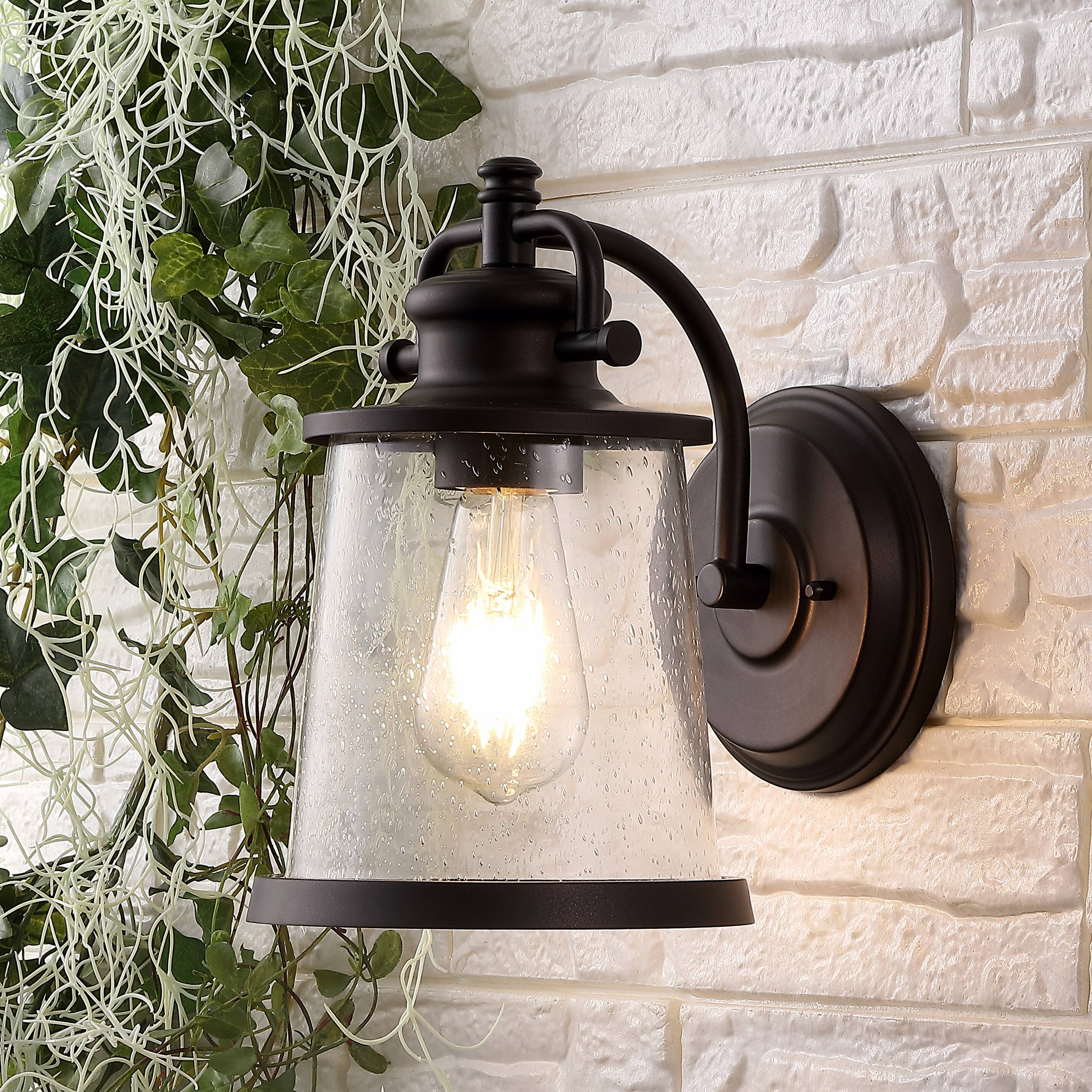 Alt View 1. Jonathan Y - Marais 6.75" Iron/Seeded Glass Vintage Rustic LED Outdoor Sconce, Oil Rubbed Bronze - Oil Rubbed Bronze.