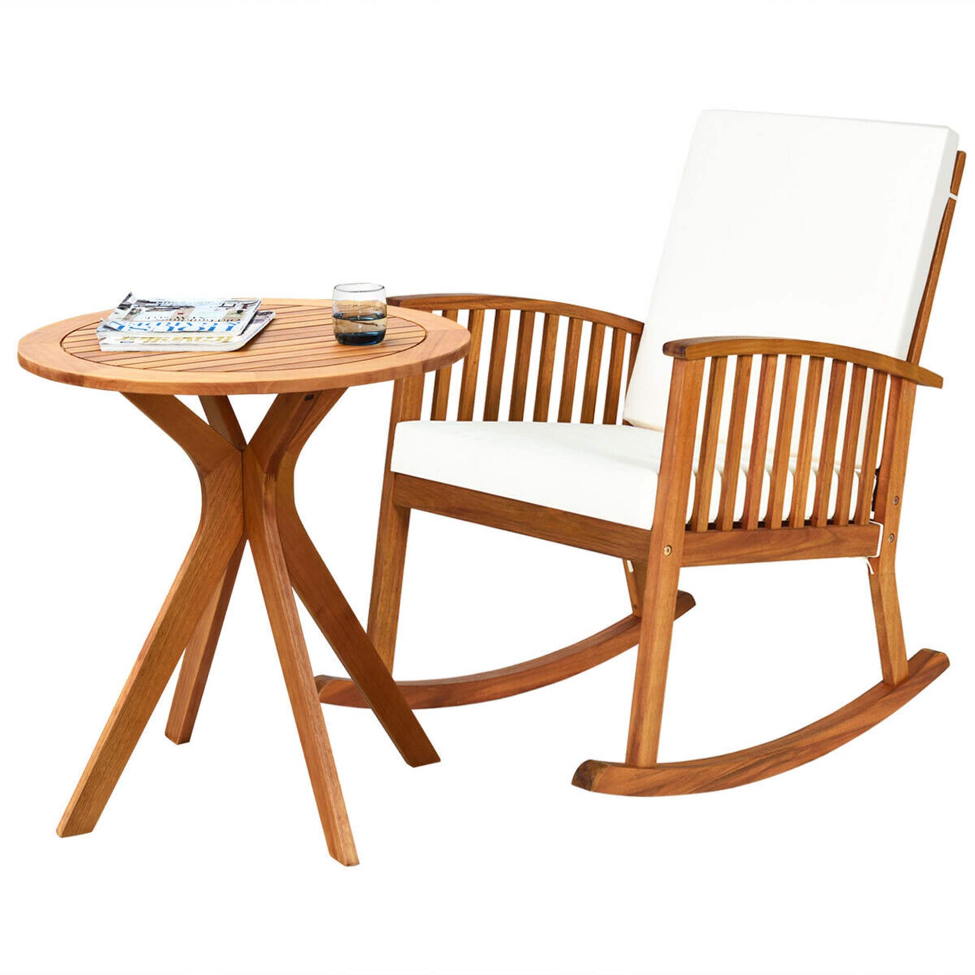 Gymax - 2PCS Patio Rocking Chair Set Round Table Solid Wood Cushioned Sofa Garden Deck - Teak price history on PriceWatchPro