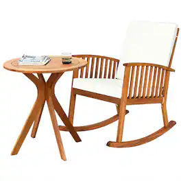 Gymax - 2PCS Patio Rocking Chair Set Round Table Solid Wood Cushioned Sofa Garden Deck - Teak