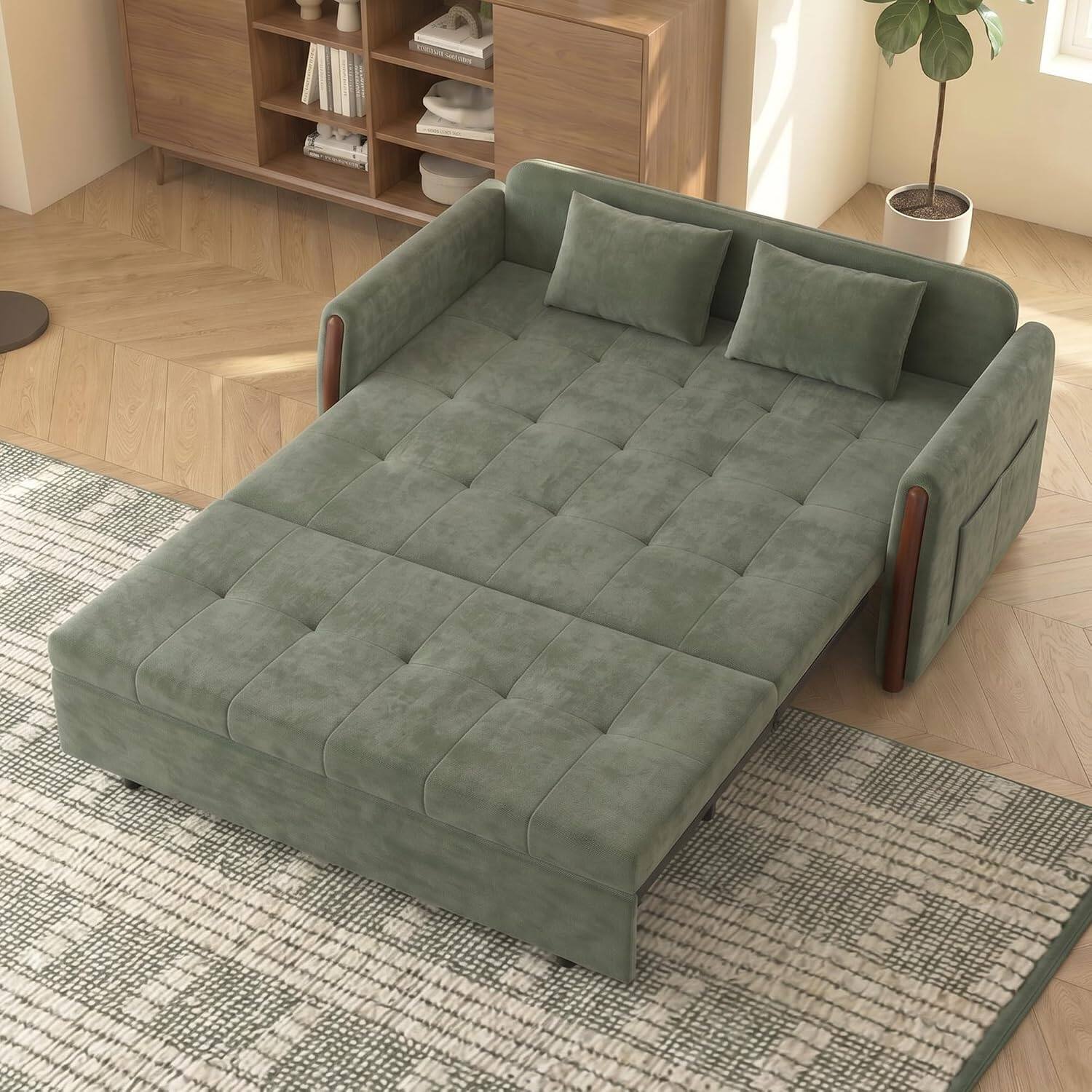 Back. luck idea - Pull‑Out Sleeper Sofa, 63‑inch Dark Green Convertible Sofa Bed with Storage, Side Pockets & 2 Throw Pillows - green.