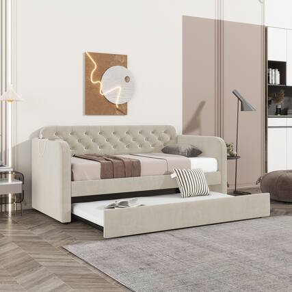 Front. Trinkets Crazed - Twin Size Upholstered Daybed with Trundle and USB Charging Design, Velvet Upholstered Daybed Frame, Twin Sofa Bed - Beige.