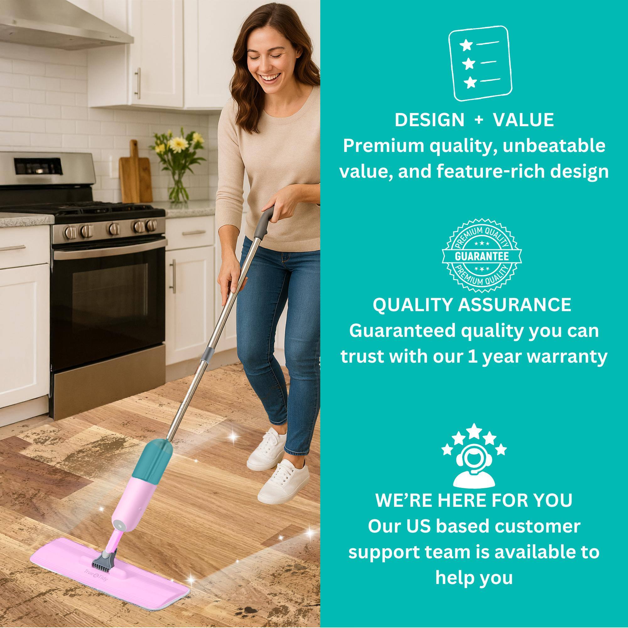 **DESIGN + VALUE**  
Premium quality, unbeatable value, and feature-rich design  

**QUALITY ASSURANCE**  
Guaranteed quality you can trust with our 1 year warranty  

**WE'RE HERE FOR YOU**  
Our US based customer support team is available to help you