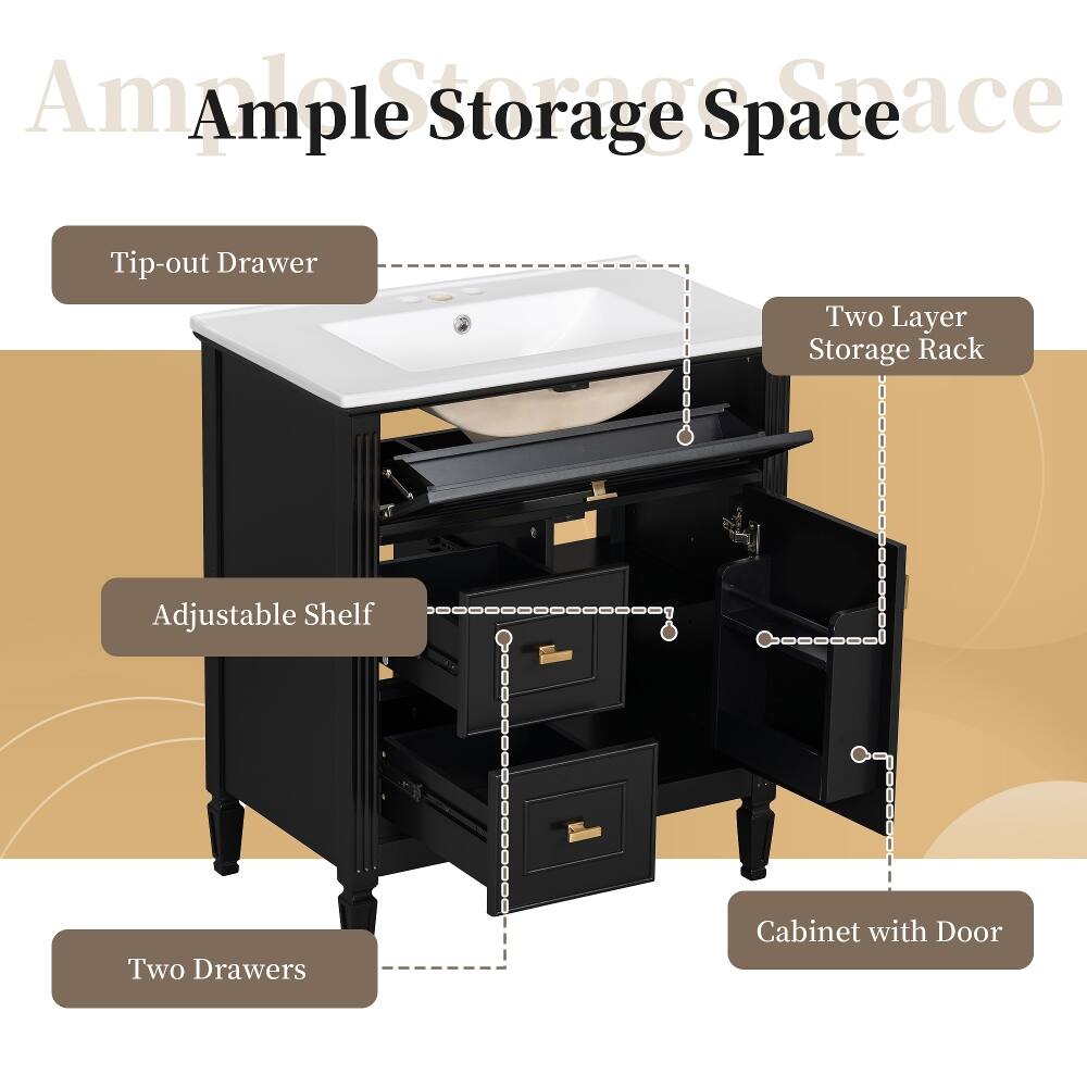 Ample Storage Space

- Tip-out Drawer
- Two Layer Storage Rack
- Adjustable Shelf
- Two Drawers
- Cabinet with Door