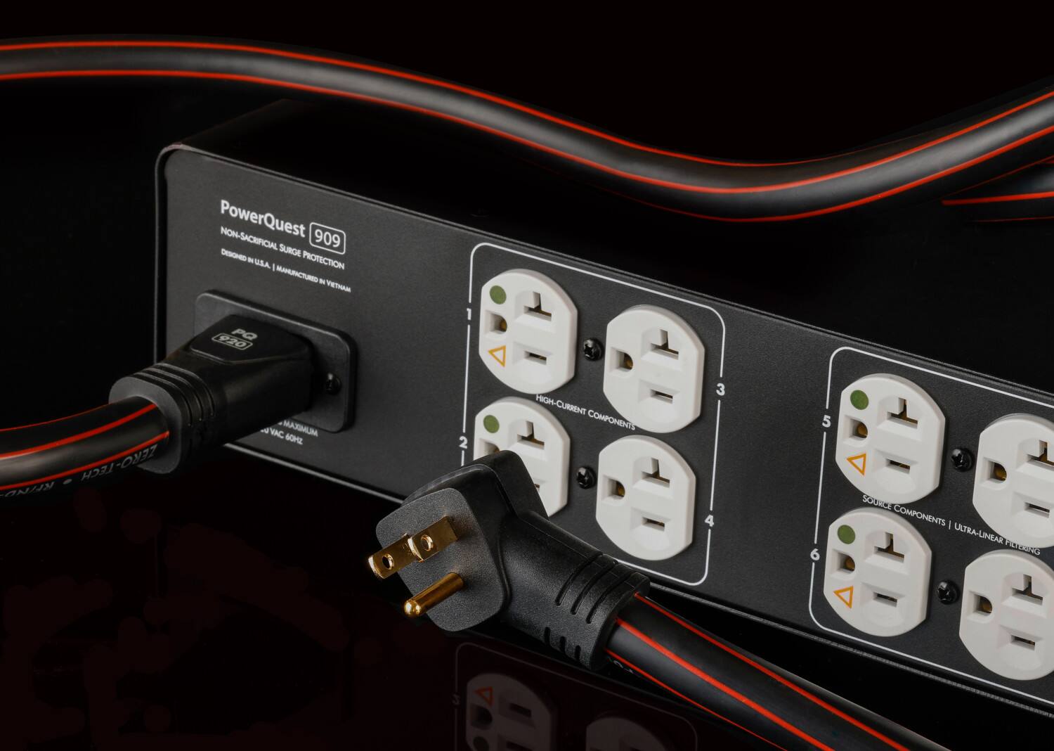 PowerQuest 909  
Non-Sacrificial Surge Protection  
Designed in USA | Manufactured in Vietnam  

1. High-Current Components  
2. Source Components | Ultra-Linear Filtering