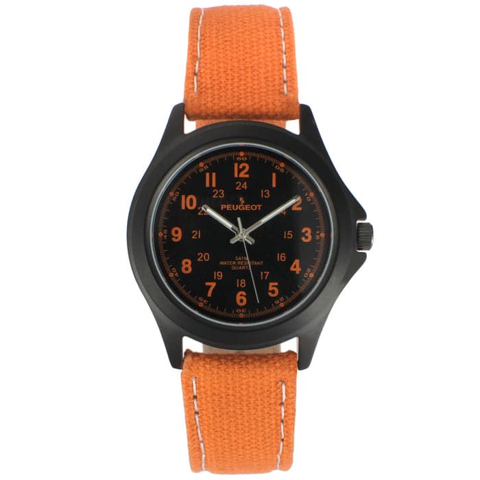 Peugeot - Men's 40mm Military Dial Sport Watch with Canvas Strap - Orange