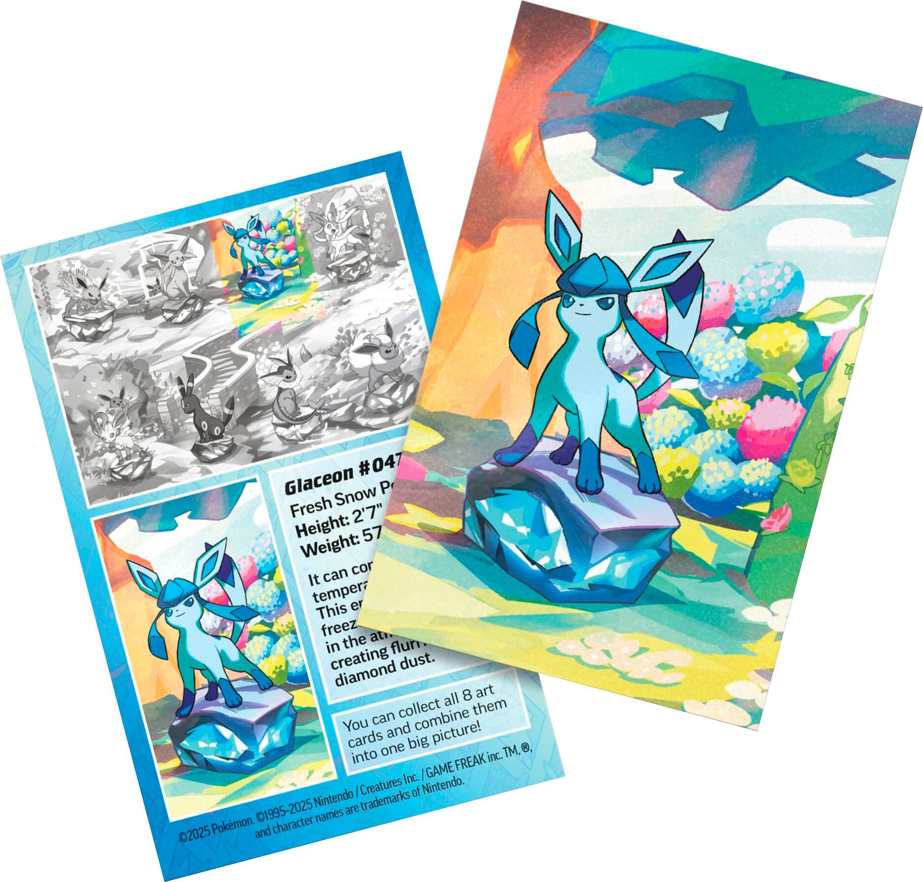 The text on the image reads:

"#047 Glaceon Snow P Fresh 2'7" Height: 57 Weight: can cor It temper er This freeze au in the flun creating diamond dust. all 8 art collect them You can and combine cards big picture! one TM. 8. into FREAK inc. Inc. /GAME I Creatures of Nintendo. Nintendo trademarks 01995-2025 are Pokemon character names 02025 and"

The text is grouped as follows:

1. "#047 Glaceon Snow P Fresh 2'7" Height: 57 Weight: can cor It temper er This freeze au in the flun creating diamond dust. all 8 art collect them You can and combine cards big picture! one TM. 8. into FREAK inc. Inc. /GAME I Creatures of Nintendo. Nintendo trademarks 01995-2025 are Pokemon character names 02025 and"

The text is corrected as follows:

"#047 Glaceon Snow P Fresh 2'7" Height: 57 Weight: can cor It temper er This freeze au in the flun creating diamond dust. all 8 art collect them You can and combine cards big picture! one TM. 8. into FREAK inc. Inc. /GAME I Creatures of Nintendo. Nintendo trademarks 1995-2025 are Pokemon character names 02025 and"