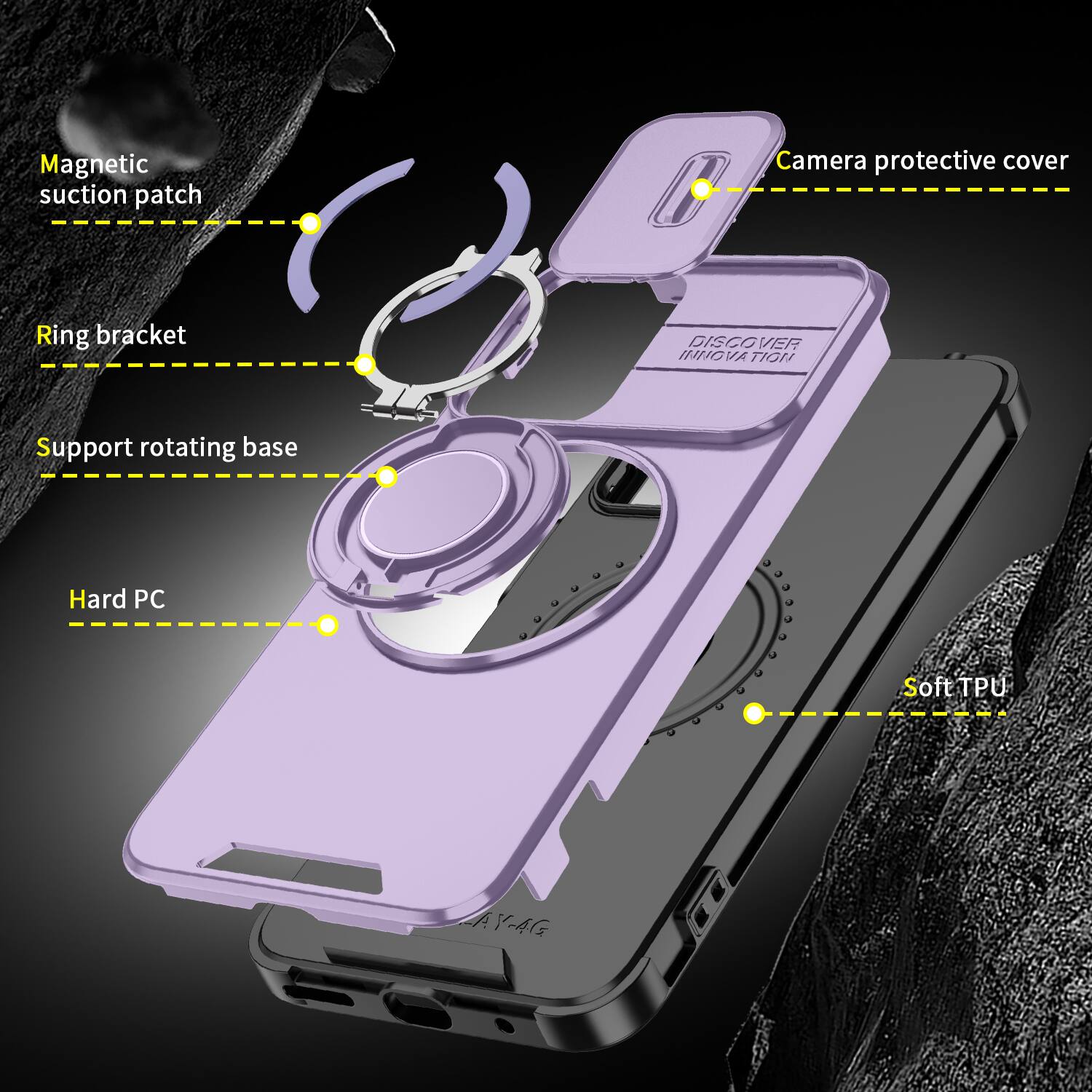 Magnetic suction patch  
Camera protective cover  
Ring bracket  
DISCOVER INNOVATION  
Support rotating base  
Hard PC  
Soft TPU  
AY-AG