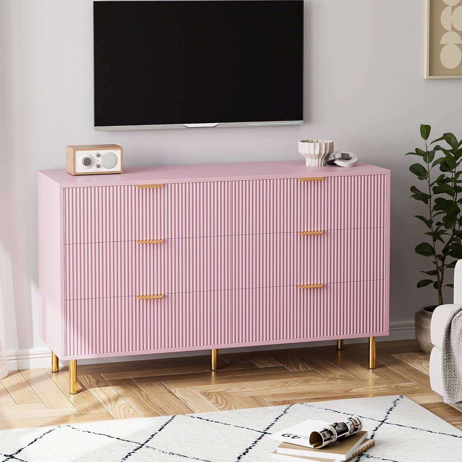 Back. Homhougo - Modern Pink 6 Drawer Dresser for Bedroom, Chest of Drawers with Gold Handles, Wood Storage Organizer Entryway - Pink.