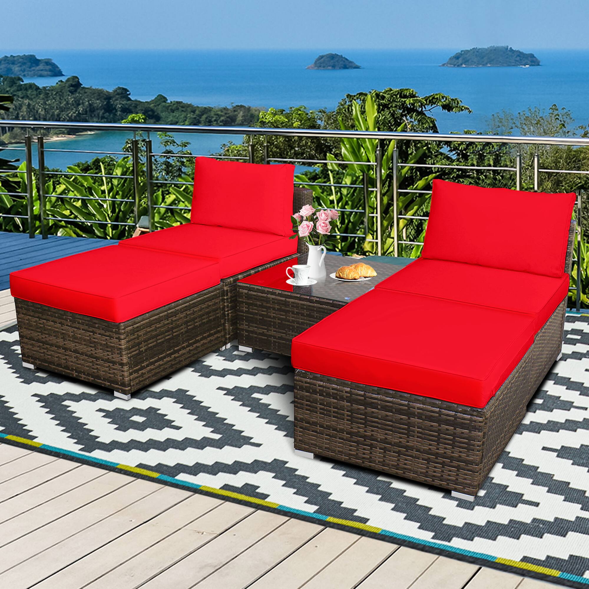 Gymax - 5PCS Outdoor Patio Furniture Set w/ Coffee Table Ottoman Red Cushion - as pic price history on PriceWatchPro