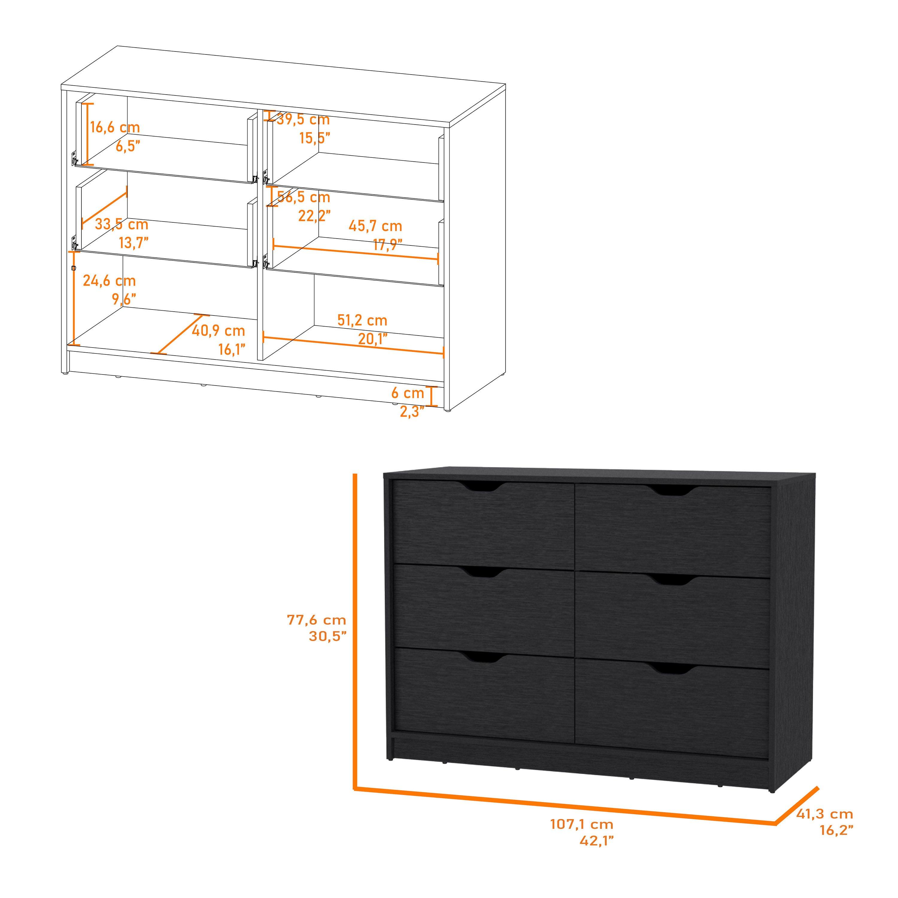 Sure, here is the corrected and grouped text from the image:

- **Dimensions of the Cabinet:**
  - Width: 139.5 cm (55.5")
  - Height: 77.6 cm (30.5")
  - Depth: 41.3 cm (16.2")

- **Dimensions of the Drawers:**
  - Top Drawer:
    - Width: 51.2 cm (20.1")
    - Height: 6 cm (2.3")
  - Second Drawer:
    - Width: 40.9 cm (16.1")
    - Height: 6 cm (2.3")
  - Third Drawer:
    - Width: 24.6 cm (9.6")
    - Height: 6 cm (2.3")
  - Fourth Drawer:
    - Width: 33.5 cm (13.7")
    - Height: 6 cm (2.3")

- **Additional Dimensions:**
  - Side Panel: 16.6 cm (6.5")
  - Back Panel: 15.5" (39.5 cm)
  - Shelf: 4