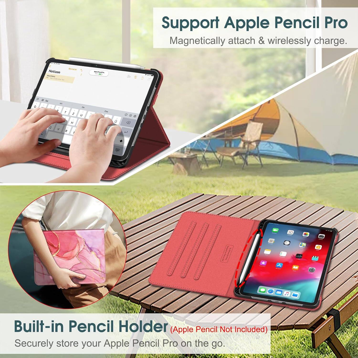 Support Apple Pencil Pro  
Magnetisch anfügen & kabellos aufladen.

Notizen  
-  
la 3 : - 3  
5 1  
1 : 8  
1 2 H 1  
2k 1 U  
0  
0  
30

Built-in Pencil Holder (Apple Pencil Not Included)  
Sicher aufrechterhalten Sie Ihre Apple Pencil Pro unterwegs.