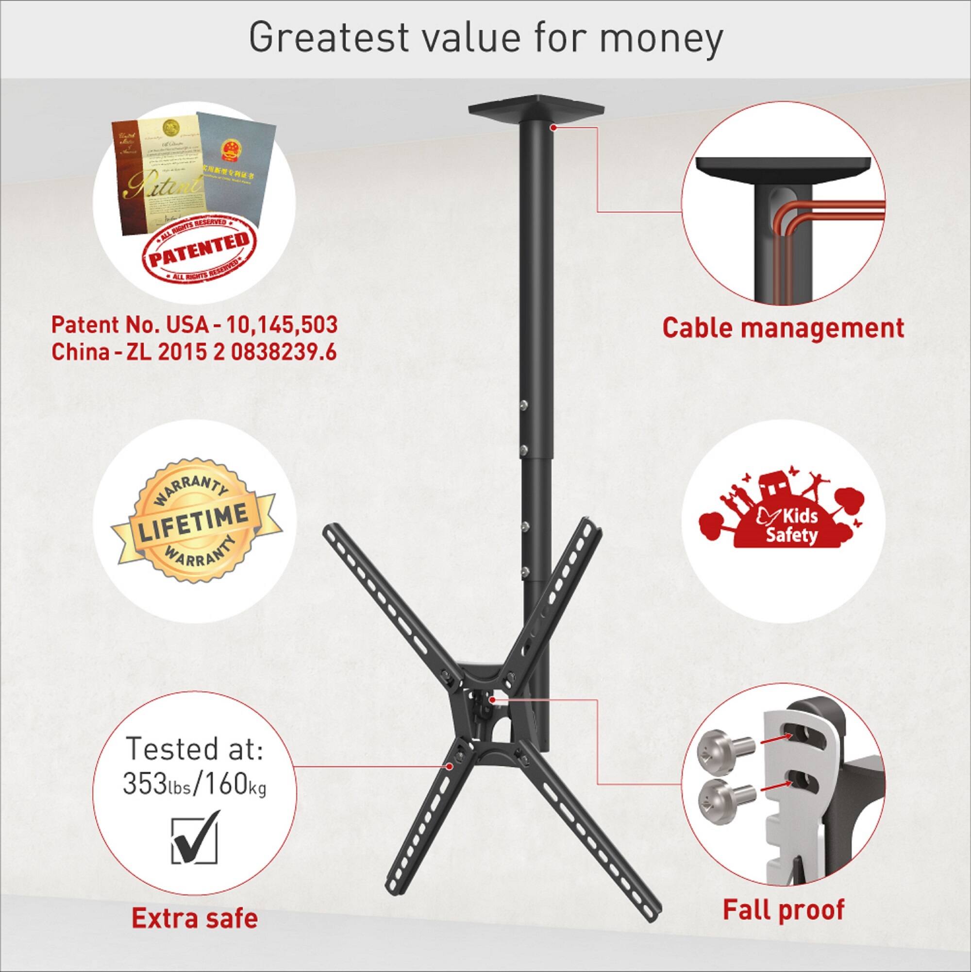 Greatest value for money

- Patent No. USA - 10,145,503
- China - ZL 2015 2 0838239.6

- Cable management
- LIFETIME WARRANTY
- Kids Safety
- Tested at: 353lbs/160kg
- Extra safe
- Fall proof