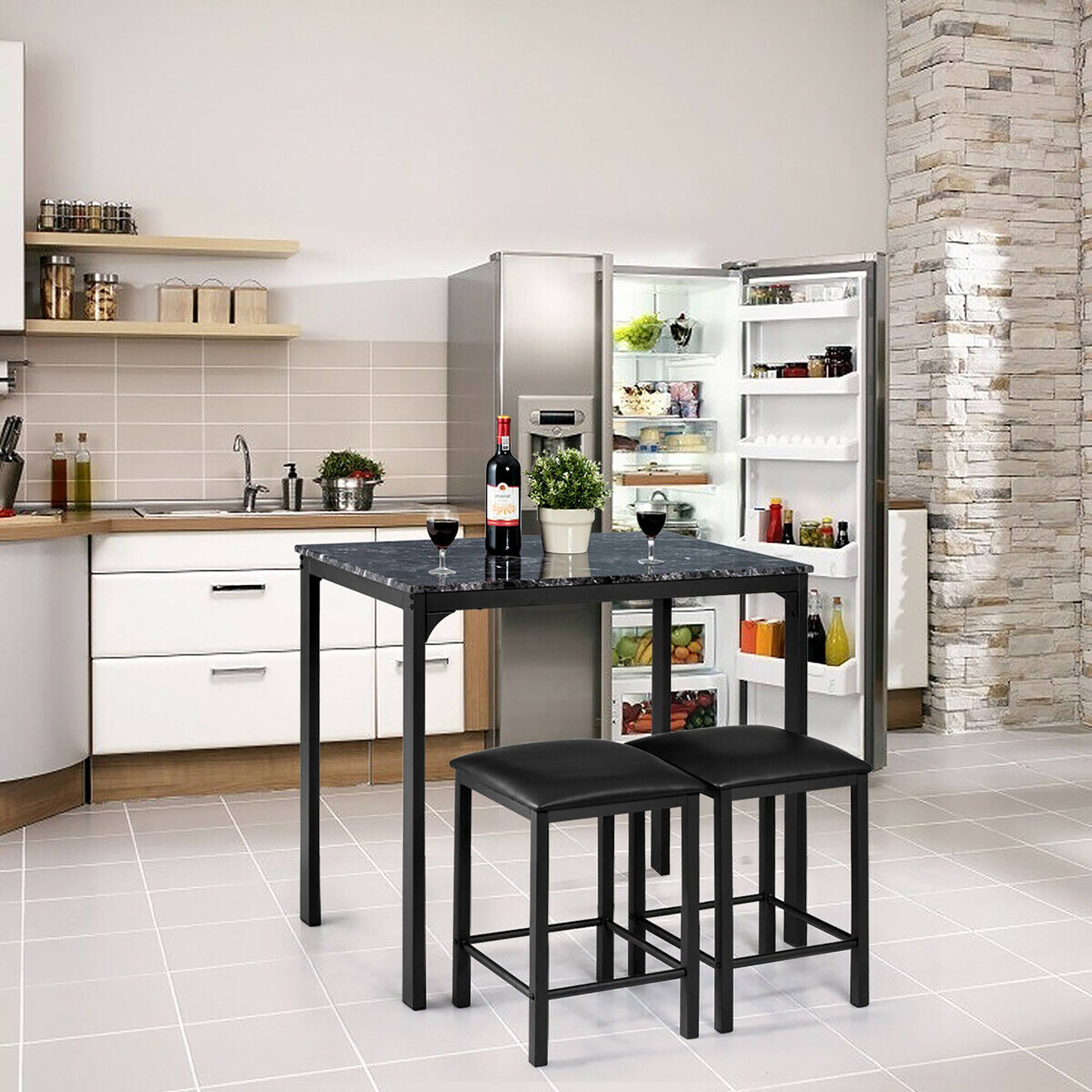 Angle. Costway - 3 Piece Counter Height Dining Set Faux Marble Table 2 Chairs Kitchen Bar Black - Black.
