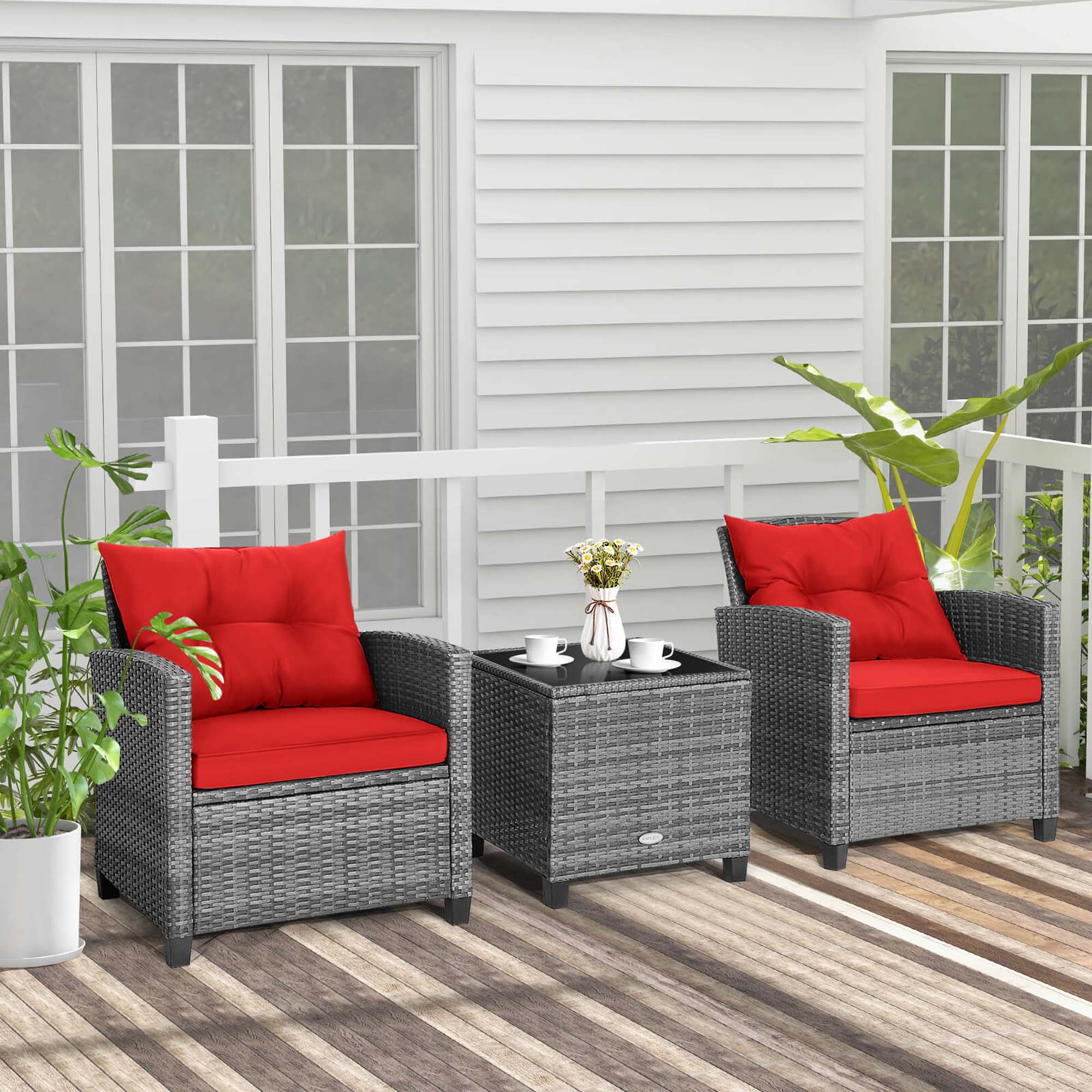 Alt View 3. Costway - 3 PCS Patio Rattan Furniture Bistro Set Cushioned Sofas Side Table Armrest - Grey + Red.