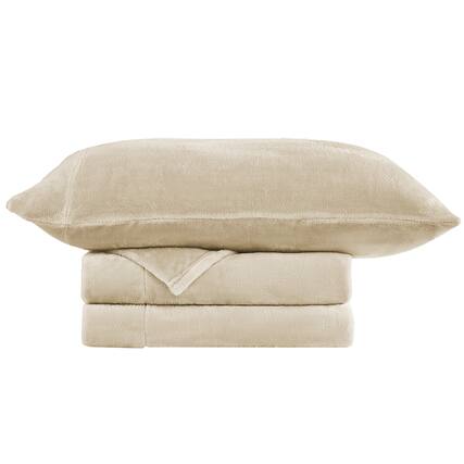 Front. Sweet Home Collection - Ultra Soft Microplush Solid Fleece Sheet Set, Twin - Beige.