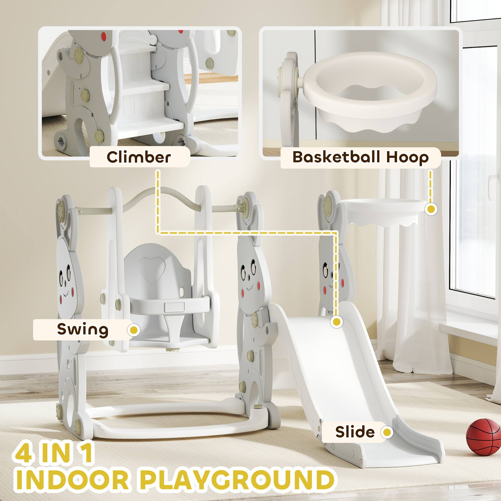 Climber  
Basketball Hoop  
Swing  
Slide  

4 IN 1 INDOOR PLAYGROUND