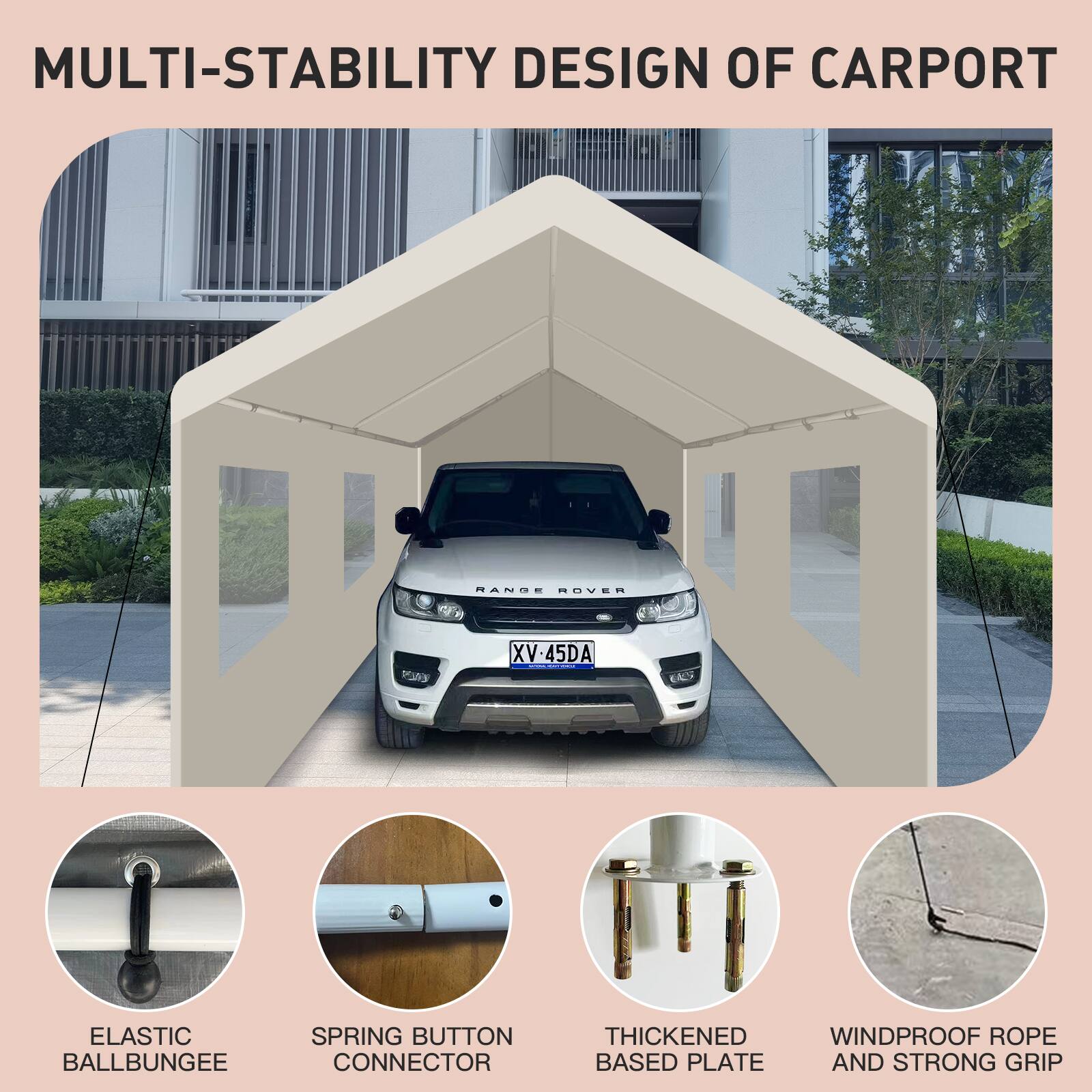 MULTI-STABILITY DESIGN OF CARPORT

- ELASTIC BALLBUNGEE
- SPRING BUTTON CONNECTOR
- THICKENED BASE PLATE
- WINDPROOF ROPE AND STRONG GRIP