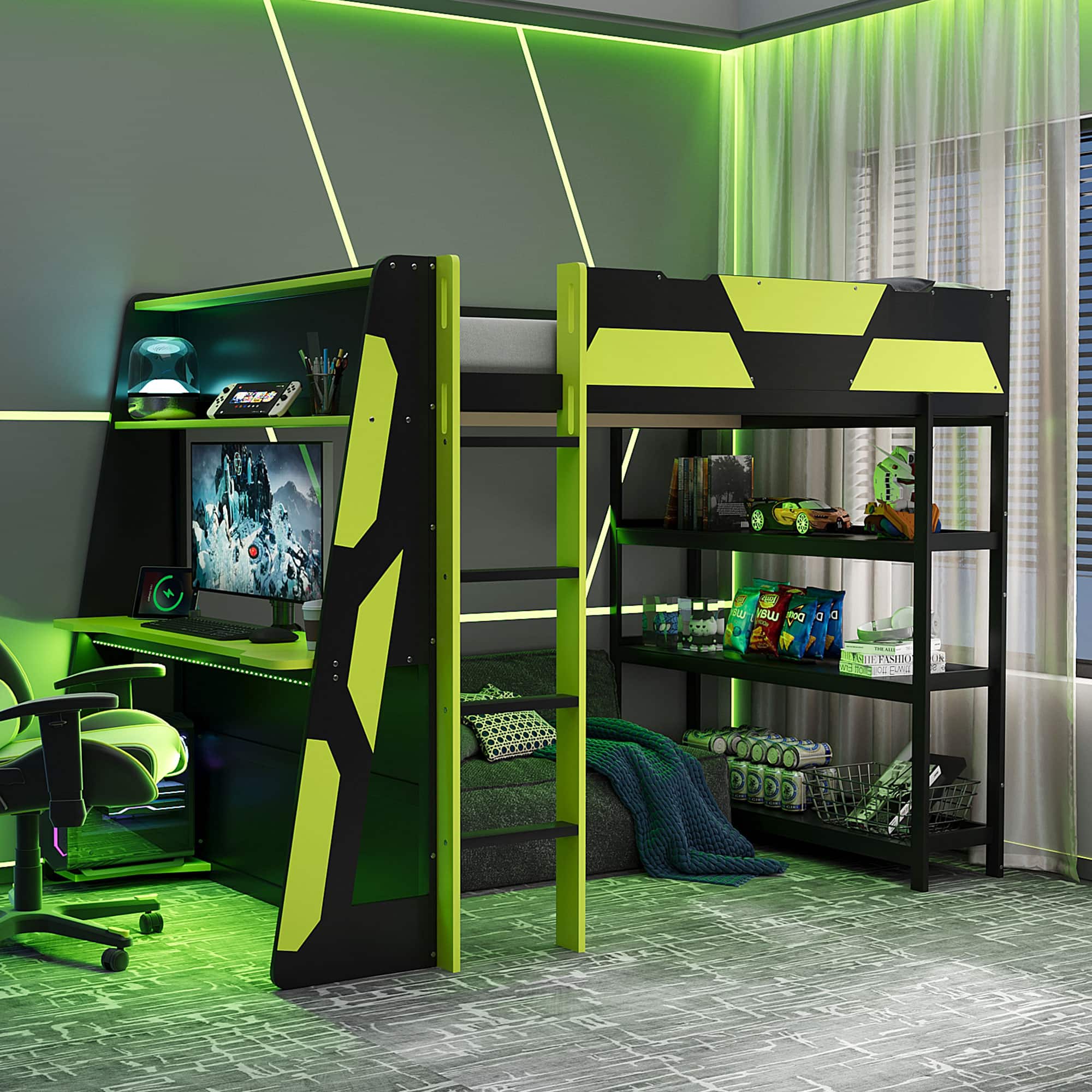 Whisen - Full Size Loft Bed with Gaming Desk, Built-in Shelves, Power Station & LED Lights for Bedroom - Black|Green