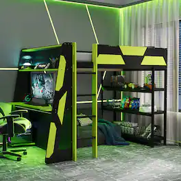 Whisen - Full Size Loft Bed with Gaming Desk, Built-in Shelves, Power Station & LED Lights for Bedroom - Black|Green