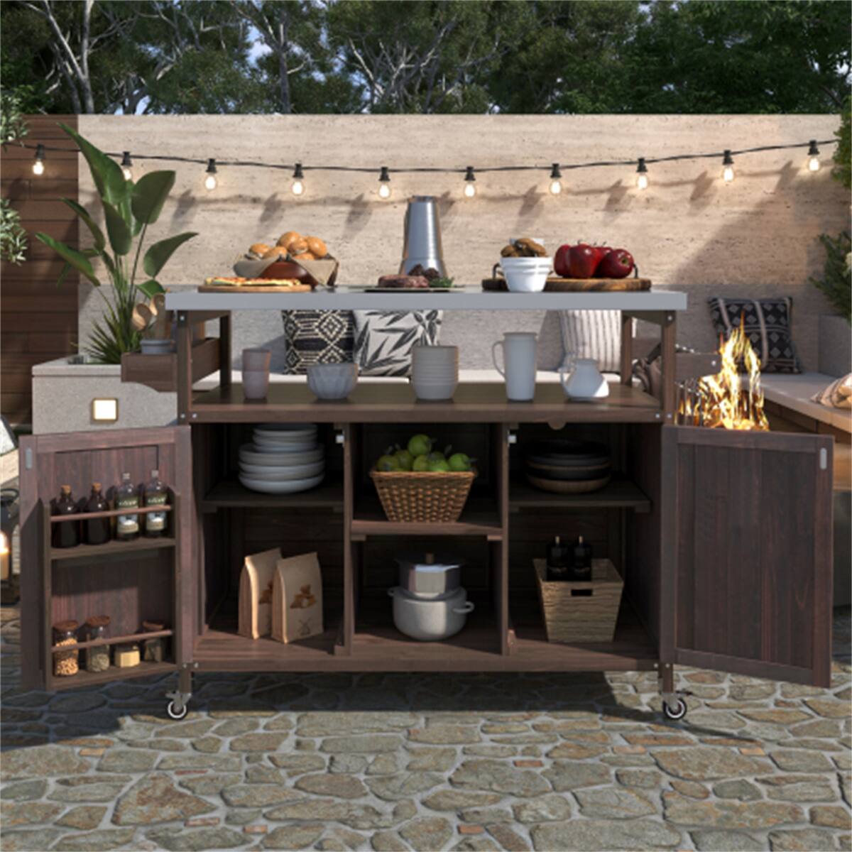 Angle. HTUTWOO - Outdoor Kitchen Island Rolling Bar Cart -Wood Grill Table with Stainless Steel Top,Storage Cabinet,Spice Rack,Towel Rack - Dark Brown.