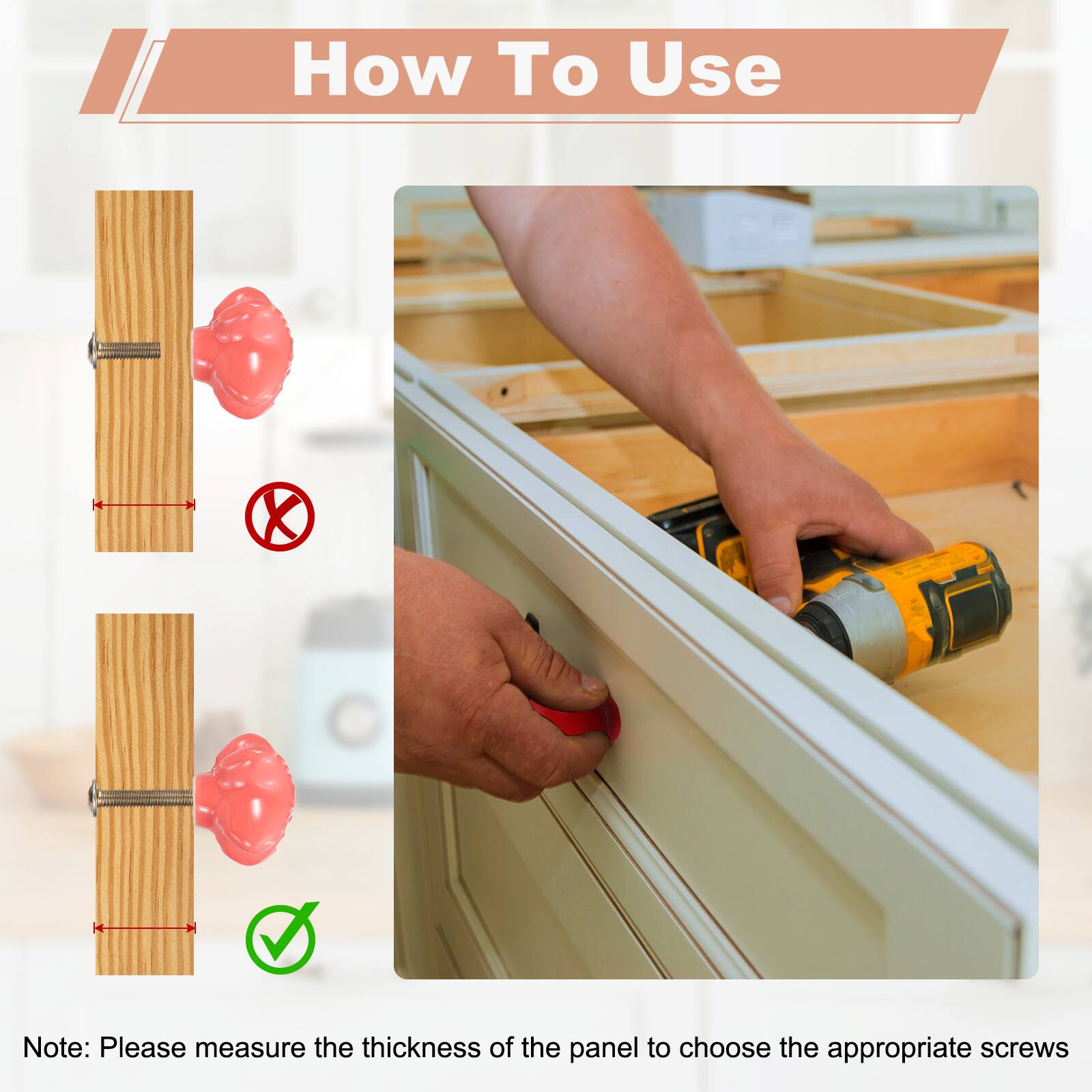 How To Use

Note: Please measure the thickness of the panel to choose the appropriate screws
