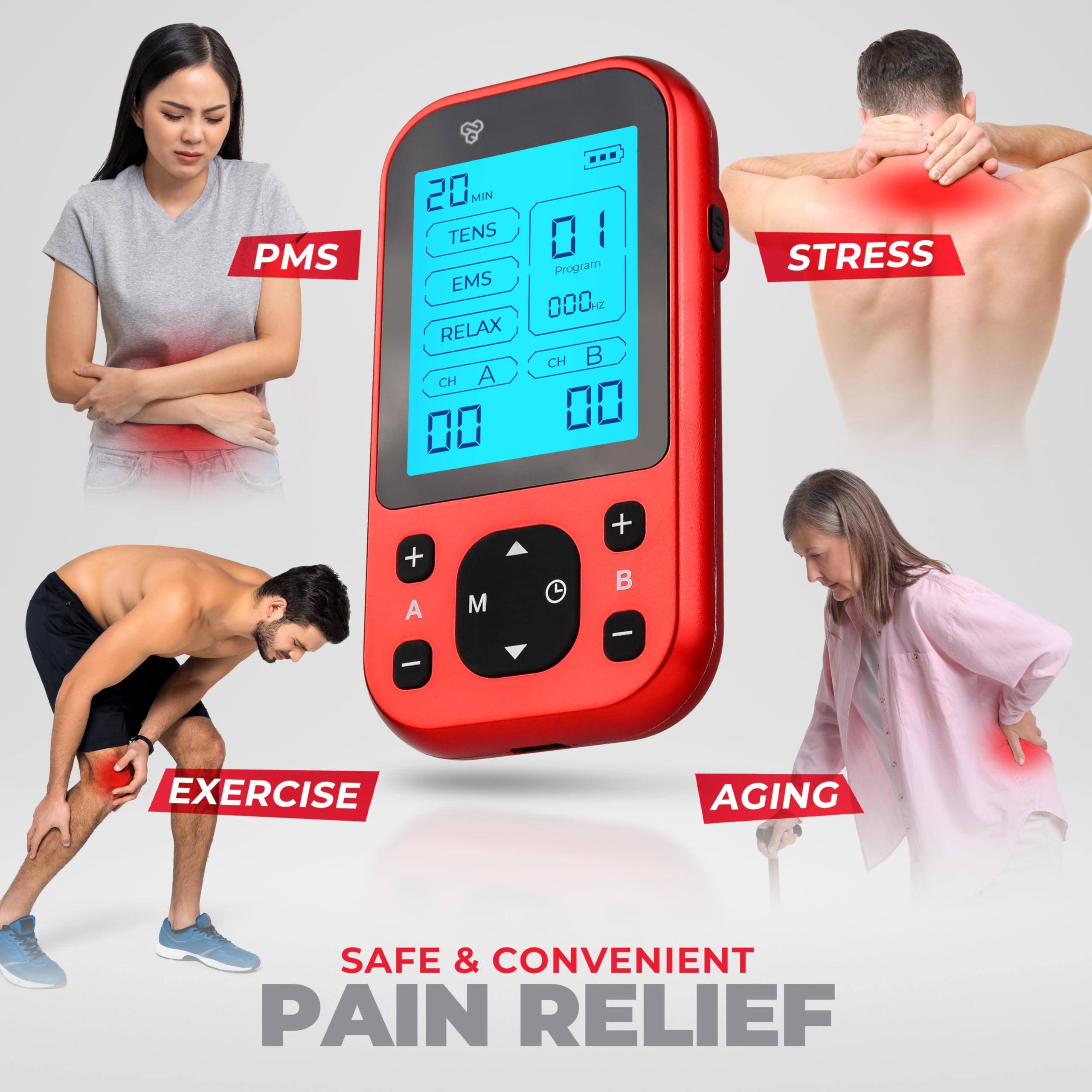 PMS  
20 MIN  
TENS 01  
Program EMS 0004  
RELAX  
CH A 00  
CH B 00  
STRESS  
EXERCISE  
AGING  
SAFE & CONVENIENT  
PAIN RELIEF