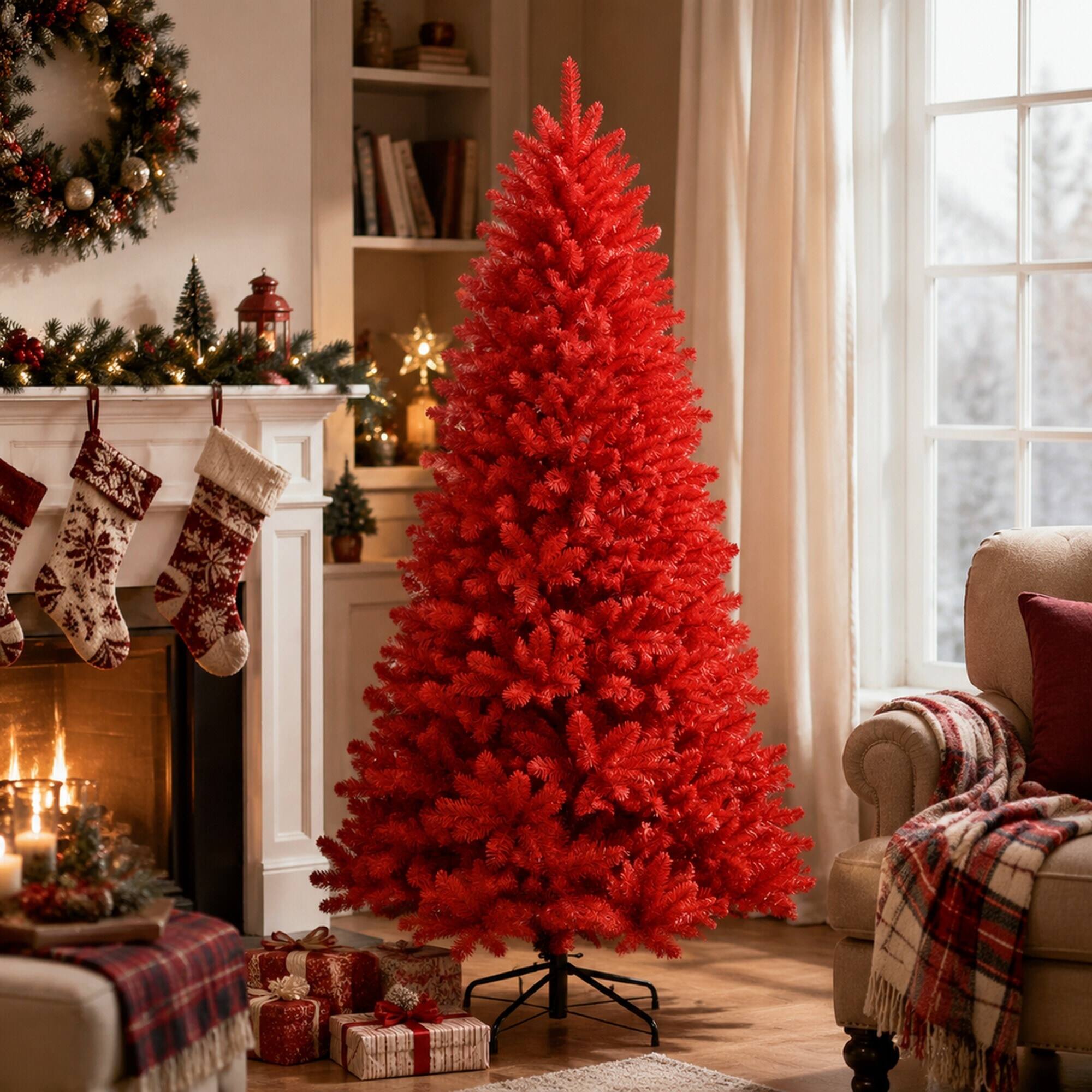 Left. RYHNUYNE - 5FT Pure Red PVC Christmas Tree, 624 Branch Tips Hinged Branches Stable Metal Stand Bold Holiday Decoration - Red.