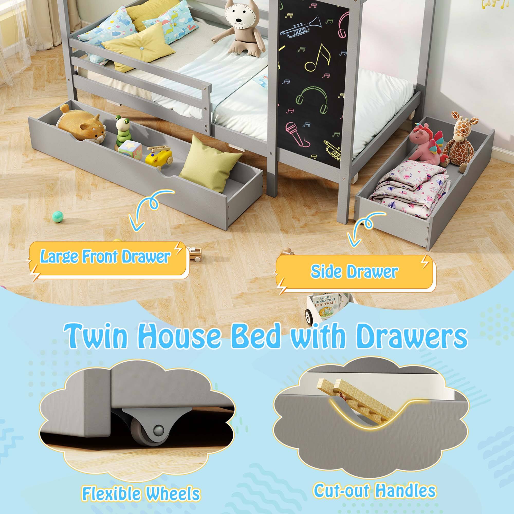 Twin House Bed with Drawers Flexible Wheels Cut-out Handles Large Front Drawer Side Drawer