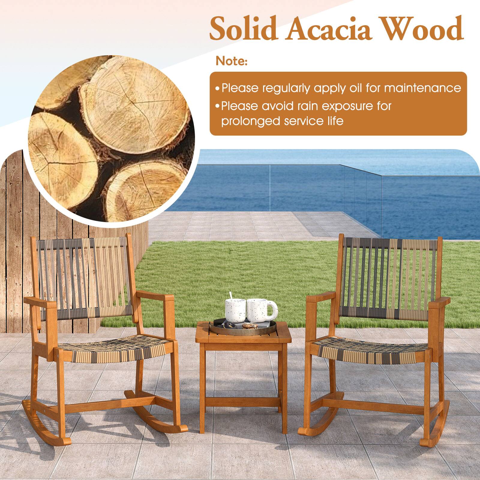 Solid Acacia Wood

Note:
- Please regularly apply oil for maintenance
- Please avoid rain exposure for prolonged service life