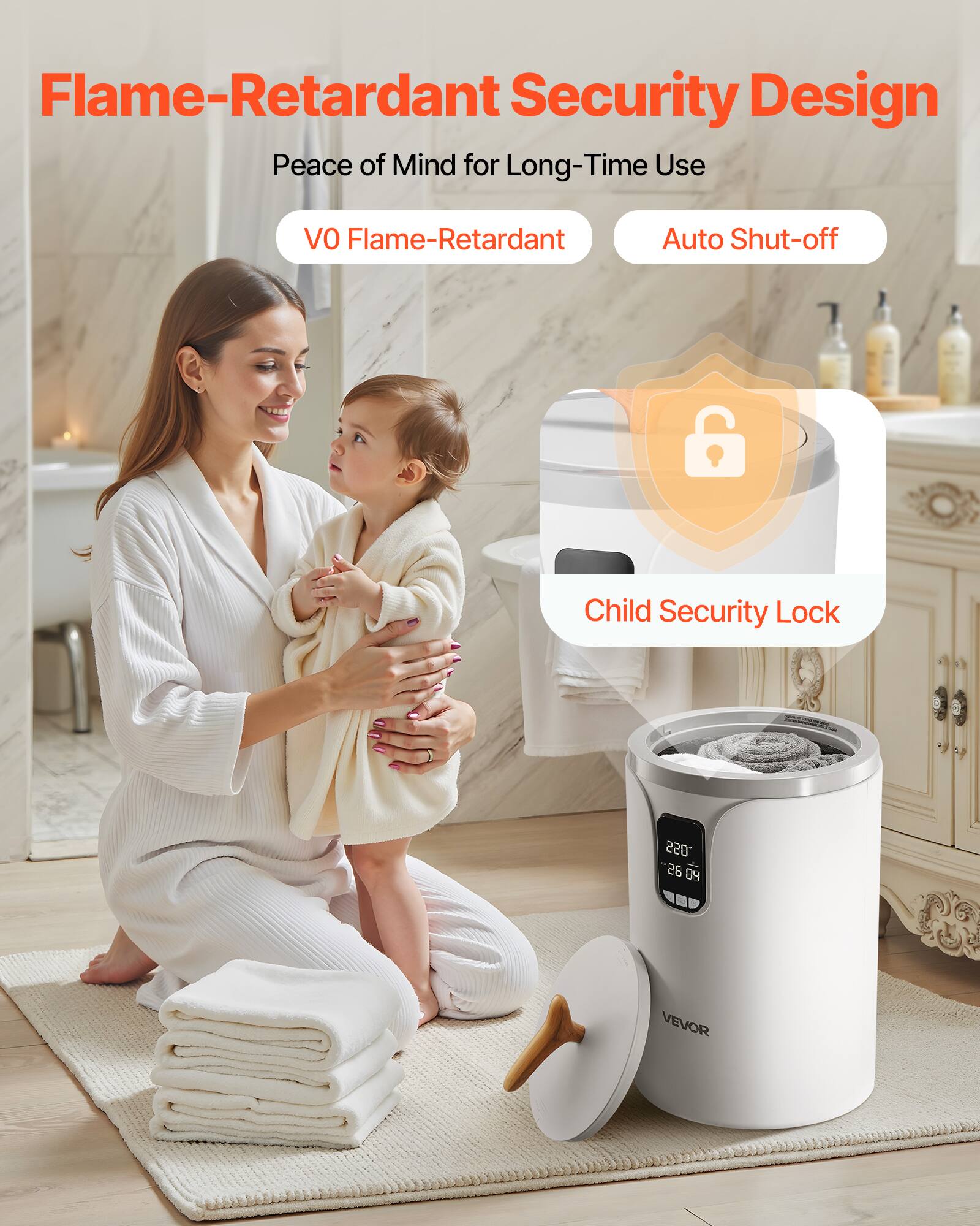Flame-Retardant Security Design  
Peace of Mind for Long-Time Use  

VO Flame-Retardant  
Auto Shut-off  
Child Security Lock  

220°  
26 04  

VEVOR
