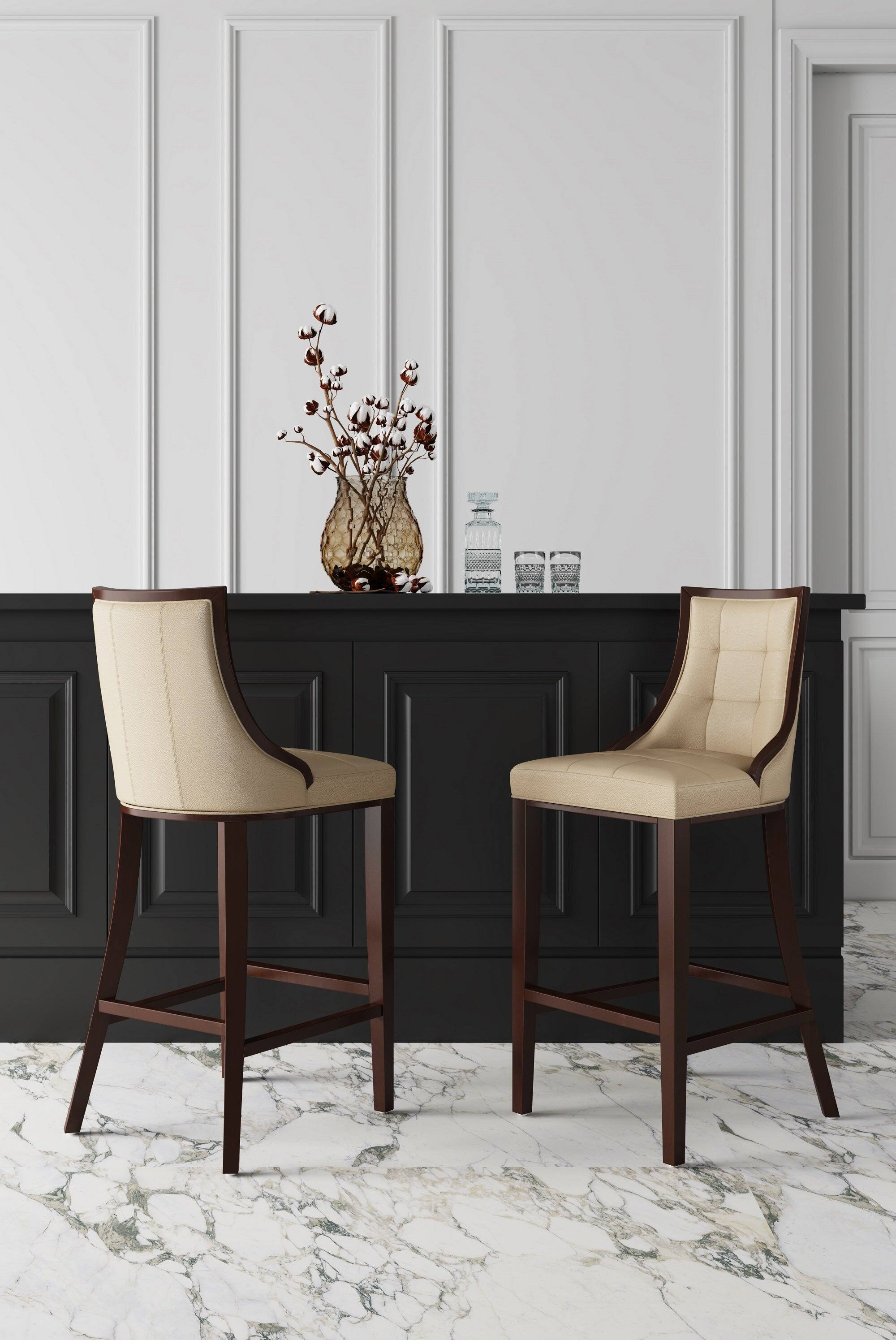 Angle. Manhattan Comfort - Fifth Avenue Traditional Wood Upholstered Barstool - Set of 3 - Cream.