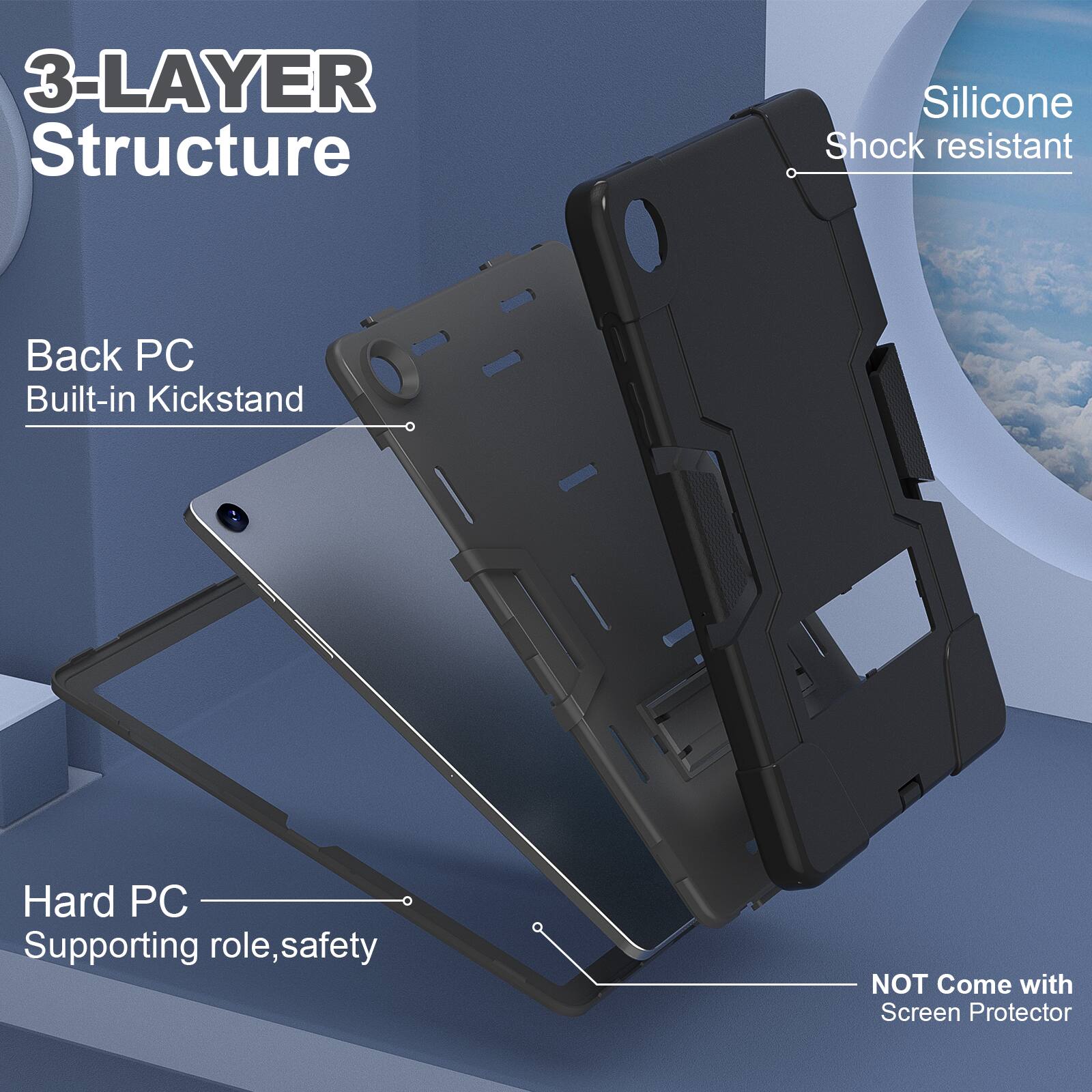 3-LAYER Structure Silicone Shock resistant Back PC Built-in Kickstand Hard PC Supporting role, safety NOT Come with Screen Protector