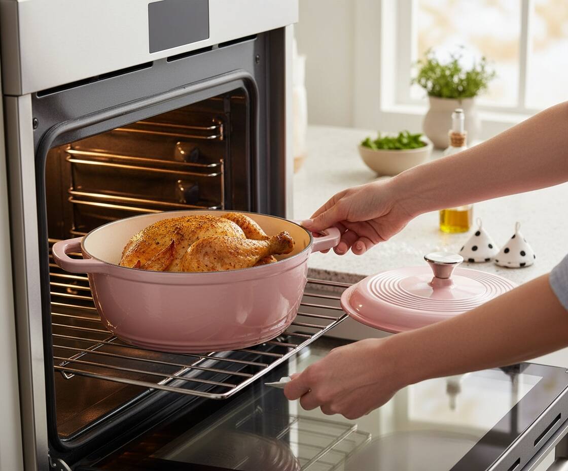 Alt View 4. FINEAK - 5QT Enameled Cast Iron Dutch Oven with Potholders for Versatile Cooking-Pink - Pink.