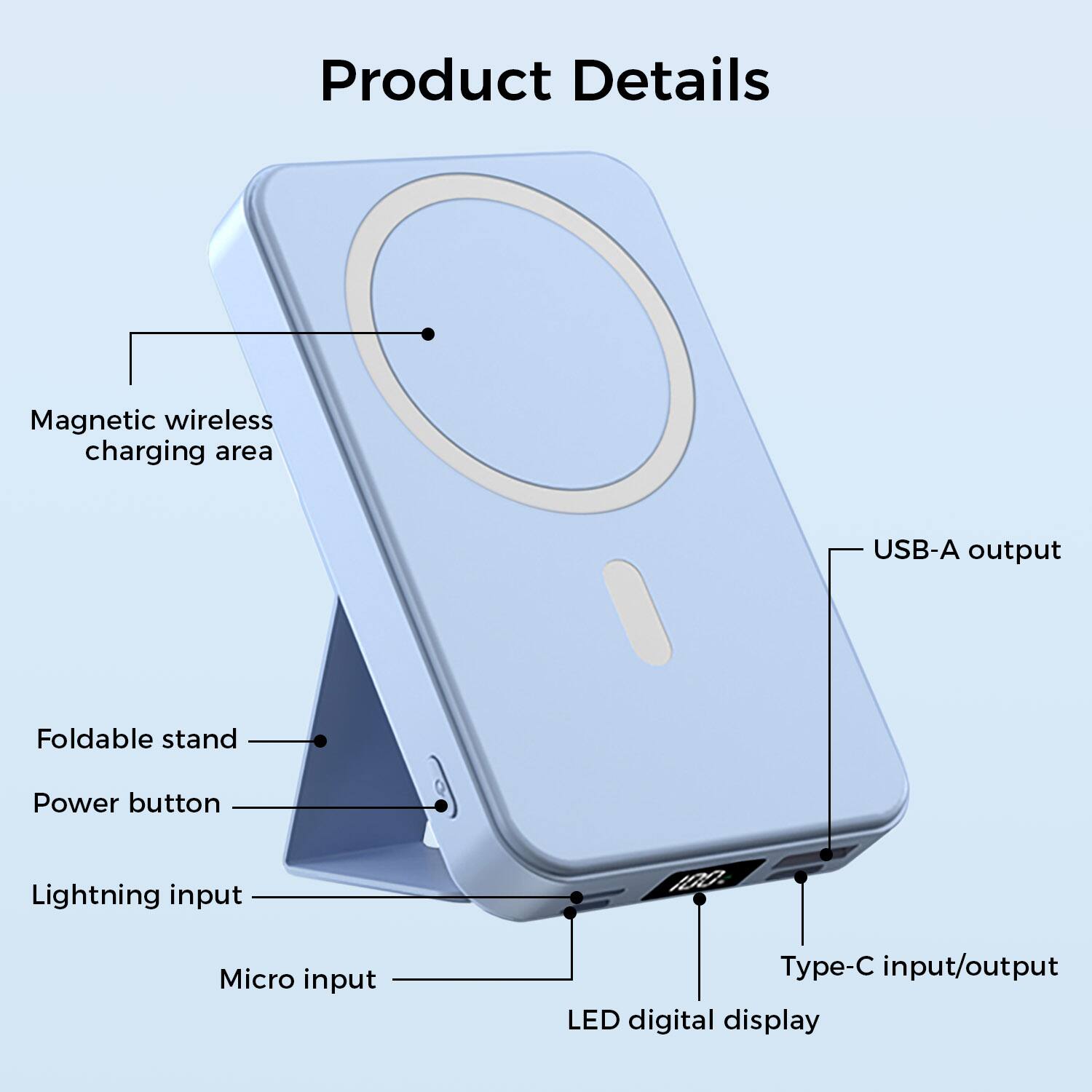 Product Details

Magnetic wireless charging area
USB-A output
Foldable stand
Power button
Lightning input
Micro input
Type-C input/output
LED digital display