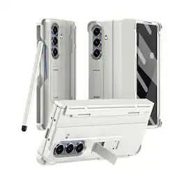 Dteck - For Samsung Galaxy Z Fold7 Built-in Screen Protector Rugged Shockproof Pen Holder Kickstand Hinge Cover Case + Stylus - White