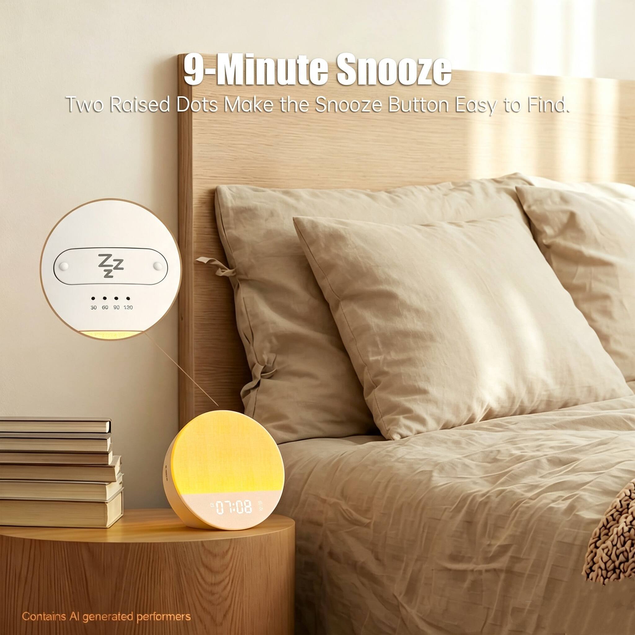 9-Minute Snooze  
Two Raised Dots Make the Snooze Button Easy to Find.  
Zz Z Z ....  
30 60 90 130  
0 7:08  
Contains AI generated performers