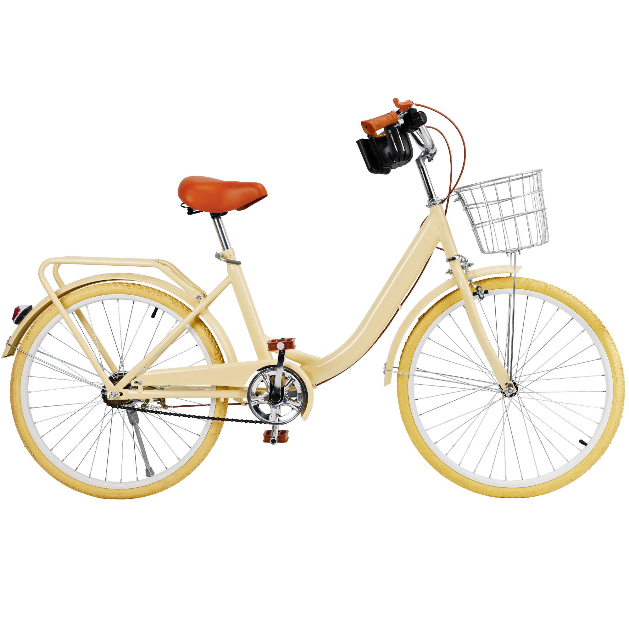Left. Topteng - 24 Inch City Cruiser Bike For Adult with Front Basket & Rear Rack High Carbon Steel Frame, Dual Brakes Bicycle - Yellow.