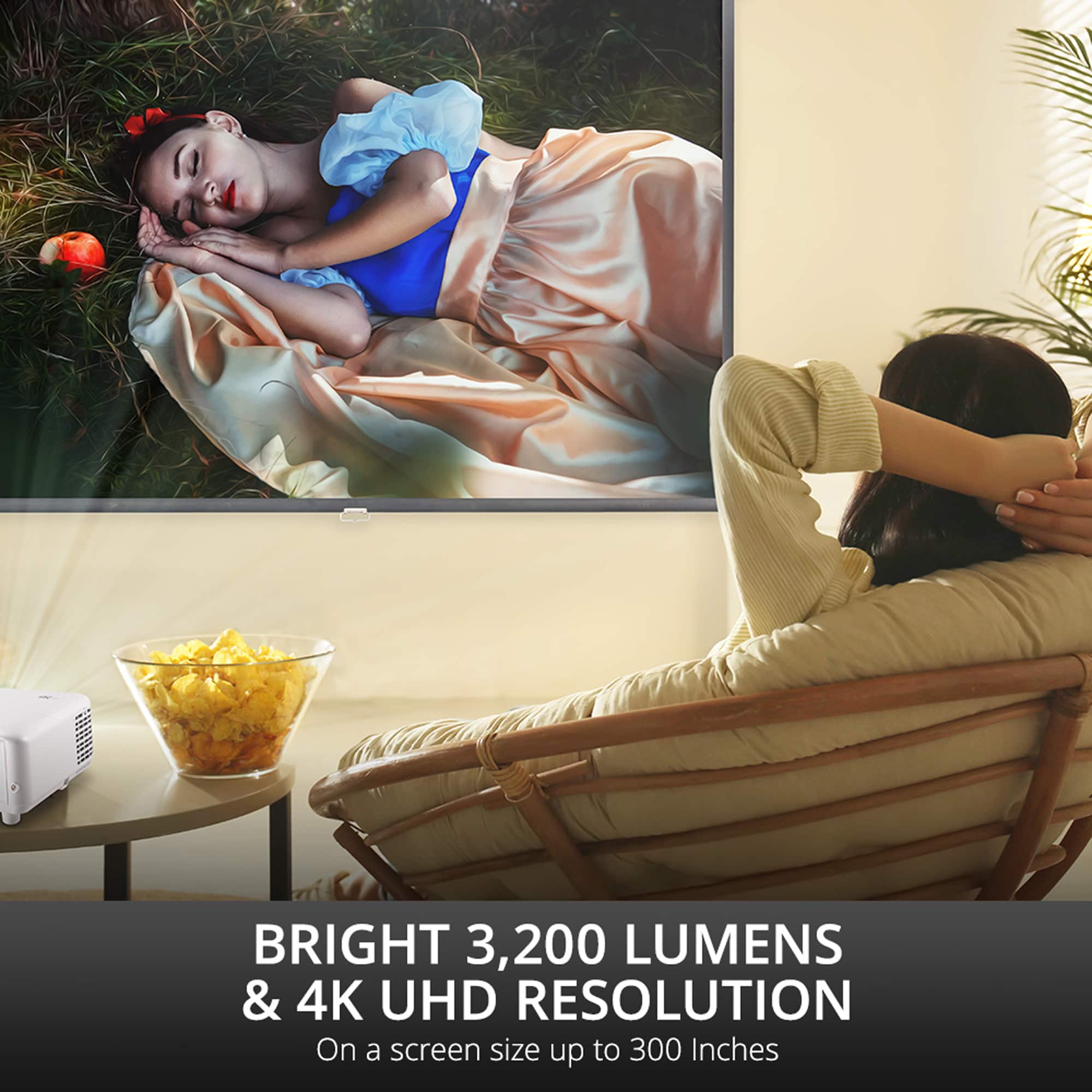 Bright 3,200 Lumens & 4K UHD Resolution on a screen size up to 300 inches.
