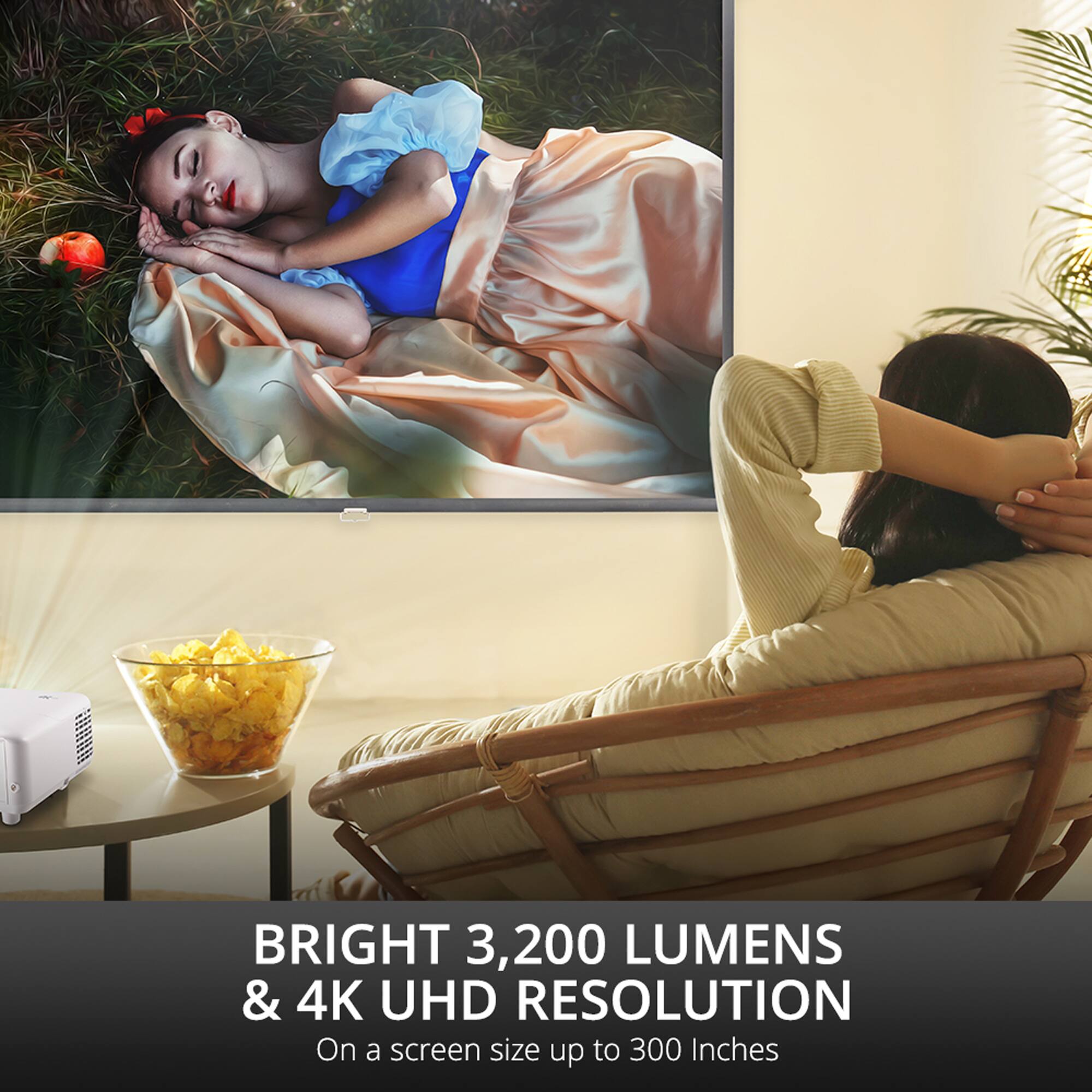 Bright 3,200 Lumens & 4K UHD Resolution on a screen size up to 300 inches.