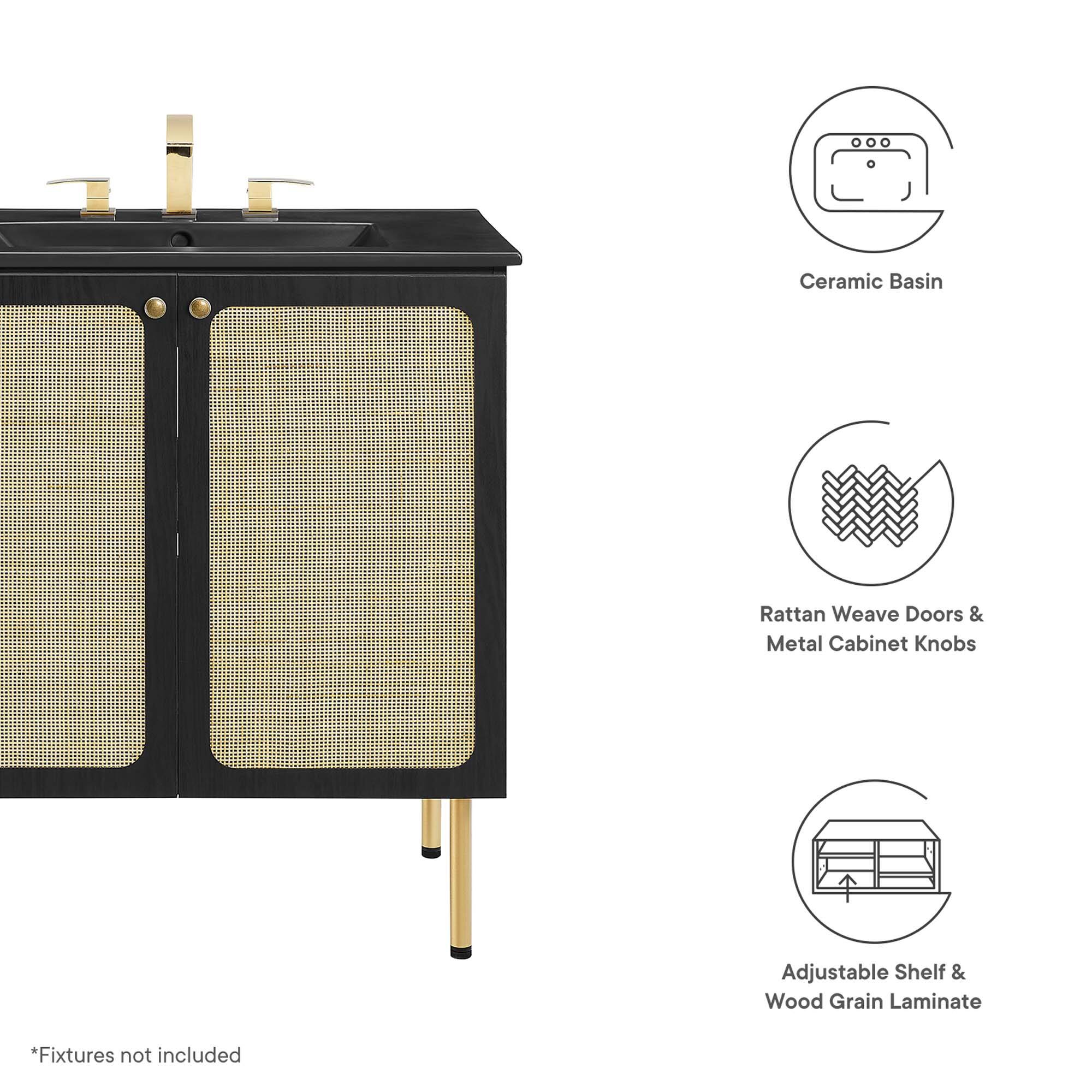 Ceramic Basin  
Rattan Weave Doors & Metal Cabinet Knobs  
Adjustable Shelf & Wood Grain Laminate  

*Fixtures not included