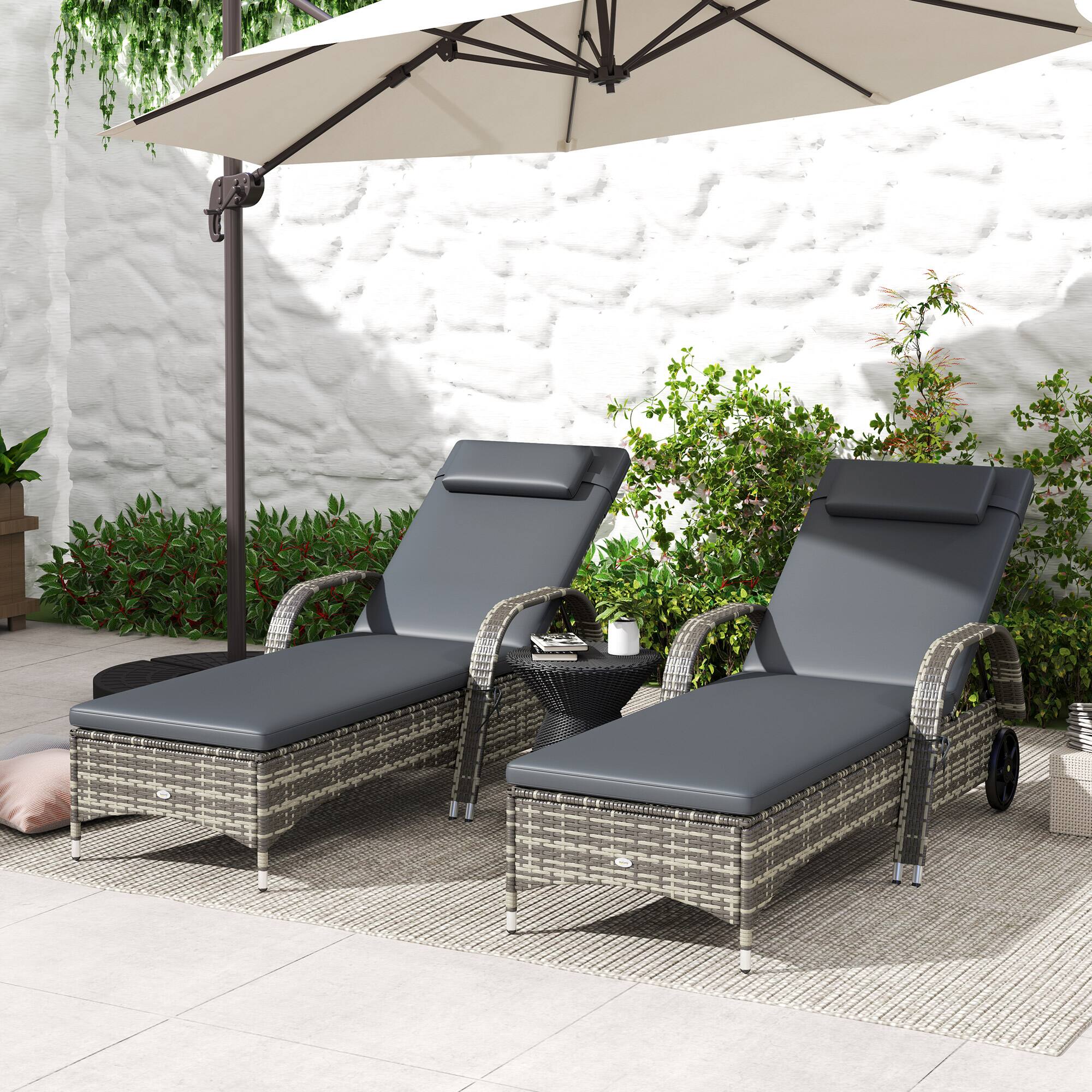 Alt View 1. Outsunny - Reclining Chaise Lounge Chairs, Rolling Outdoor Chairs with Cushion, Pillow, Headrest, Armrests - Mixed Gray and Gray.