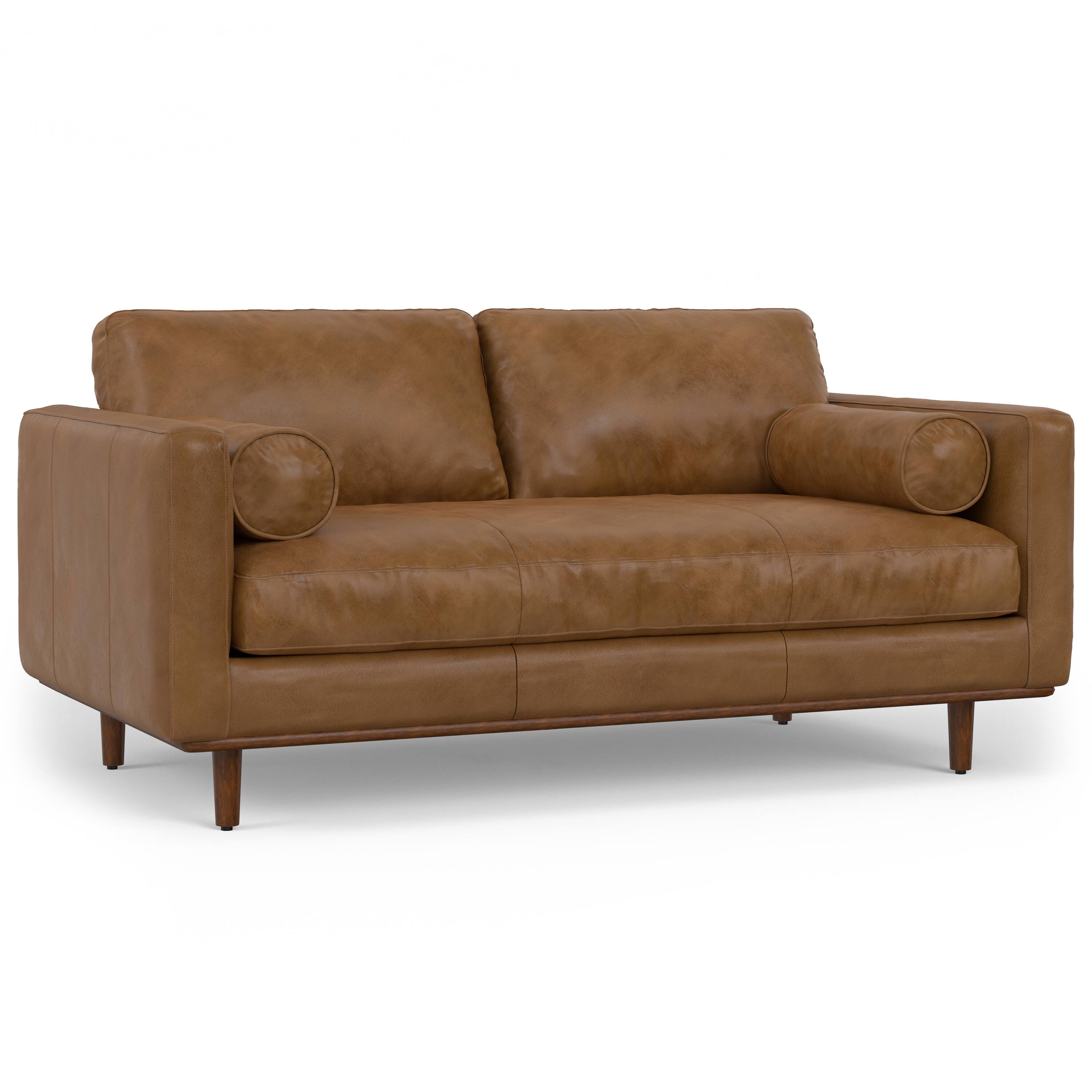 Alt View 2. Simpli Home - Morrison Mid-Century Modern 72 inch Wide Sofa with Ottoman Set in Caramel Brown Genuine Leather - Caramel Brown.