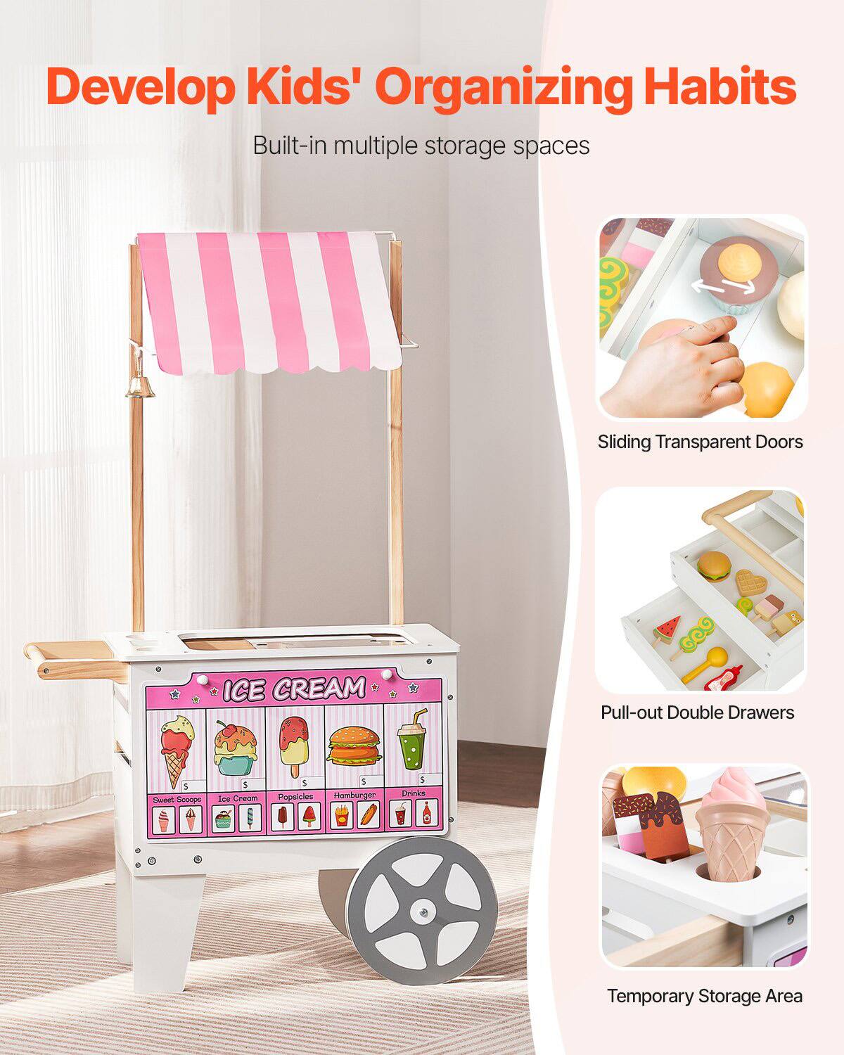 Develop Kids' Organizing Habits

Built-in multiple storage spaces

- Sliding Transparent Doors
- Pull-out Double Drawers
- Temporary Storage Area