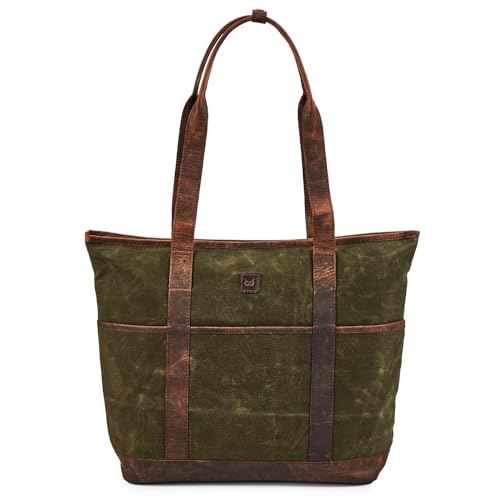 Front. Fabibe - Tote Bag For Women Real Leather Shoulder Handbag Organizer Water Repellent Waxed Canvas - Green.