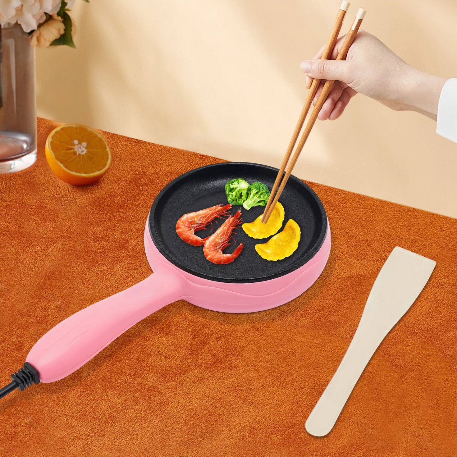 Alt View 4. Home Collection - 450W Round Mini Electric Skillet – Pink Non-Stick Frying Pan with Wooden Spatula, Compact Countertop Cooker - Pink.