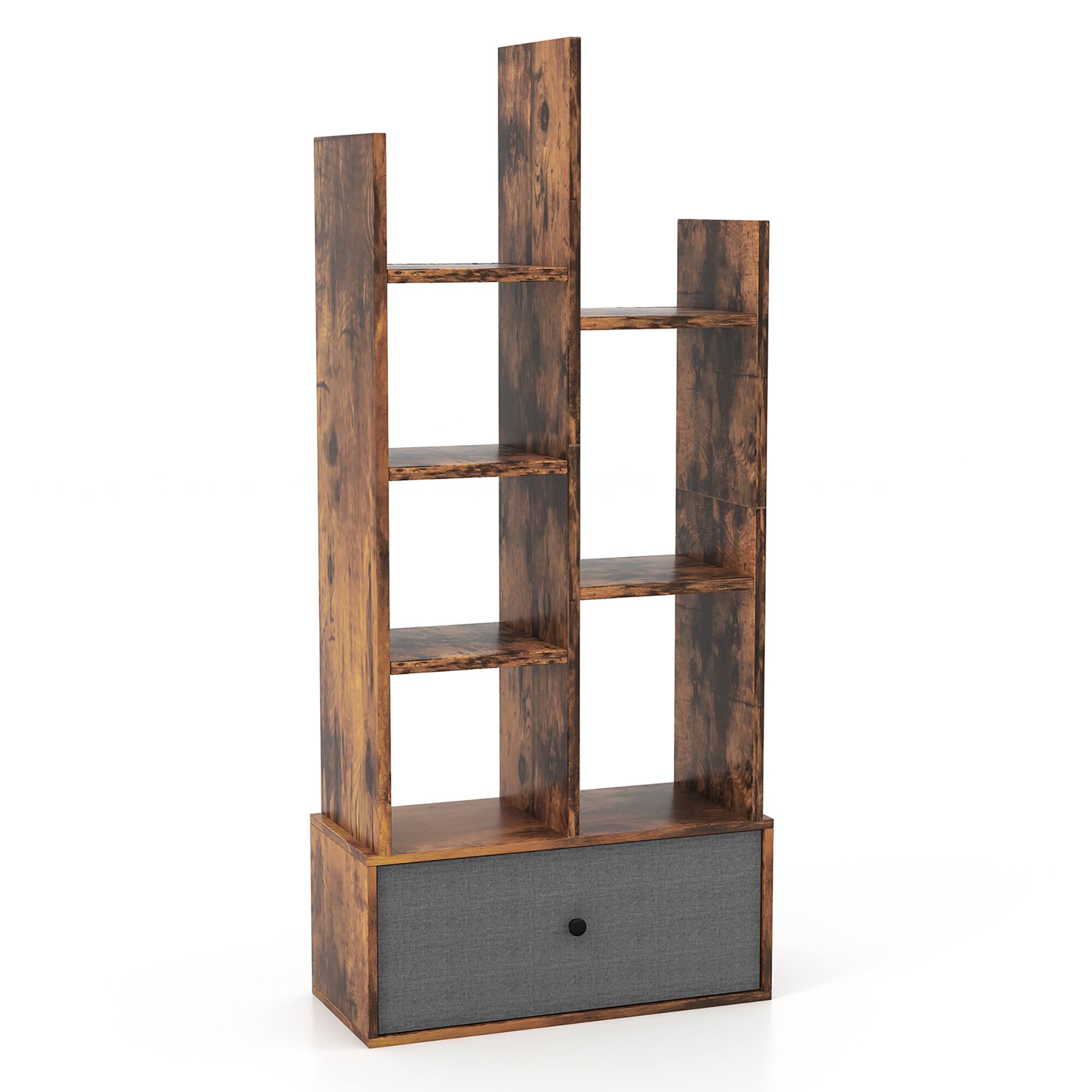 Alt View 9. Costway - Costway Industrial Bookshelf Rustic Wooden Shelf Organizer with Non-woven Fabric Drawer - Rustic Brown.